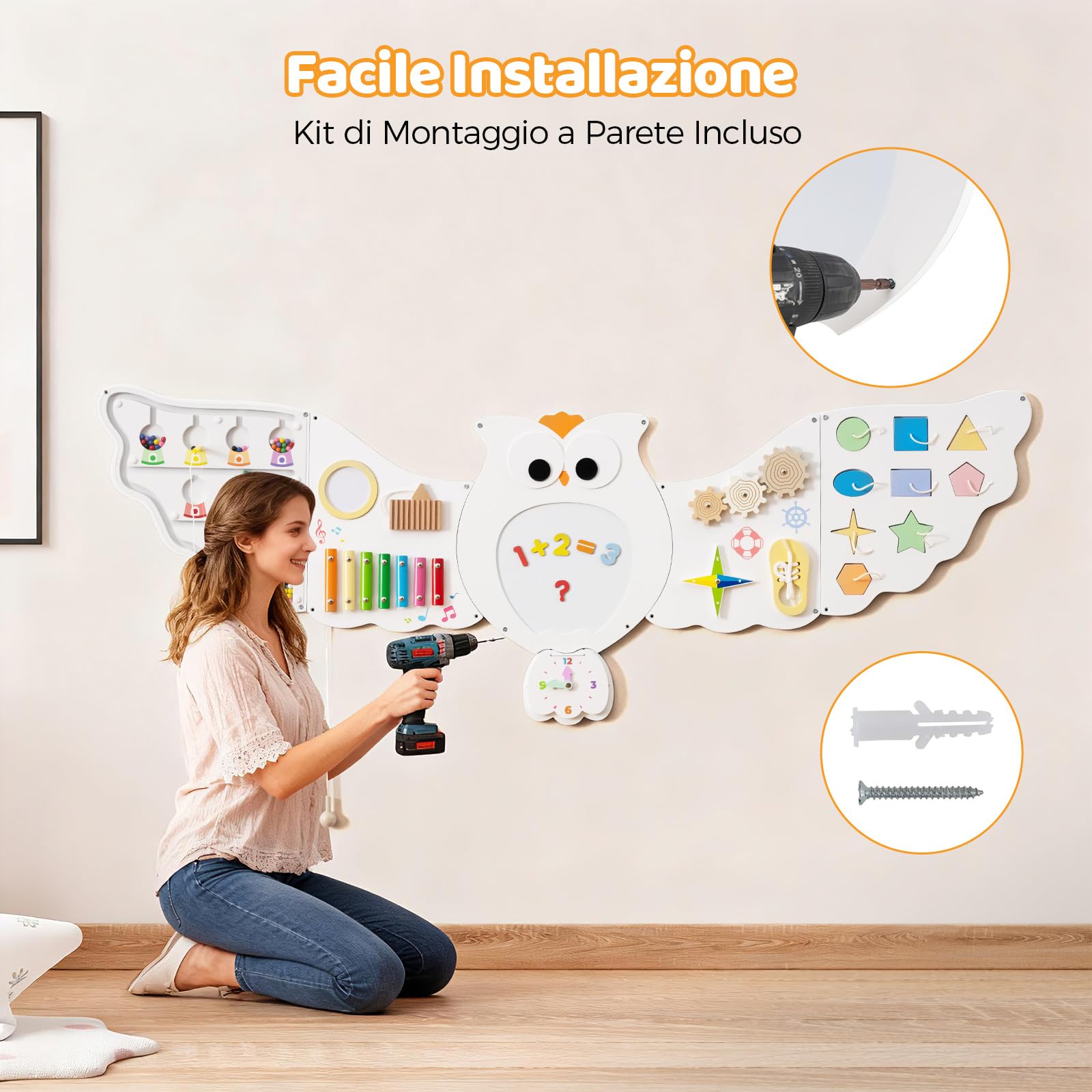 COSTWAY Pannello attività Muro Gufo Busy Board in Legno, Giochi Sensoriali con Calcoli Magnetici, Xilofono, Stringere Lacci e Orologio, Giocattolo Montessori, Adatto a Bambini 3+ Anni