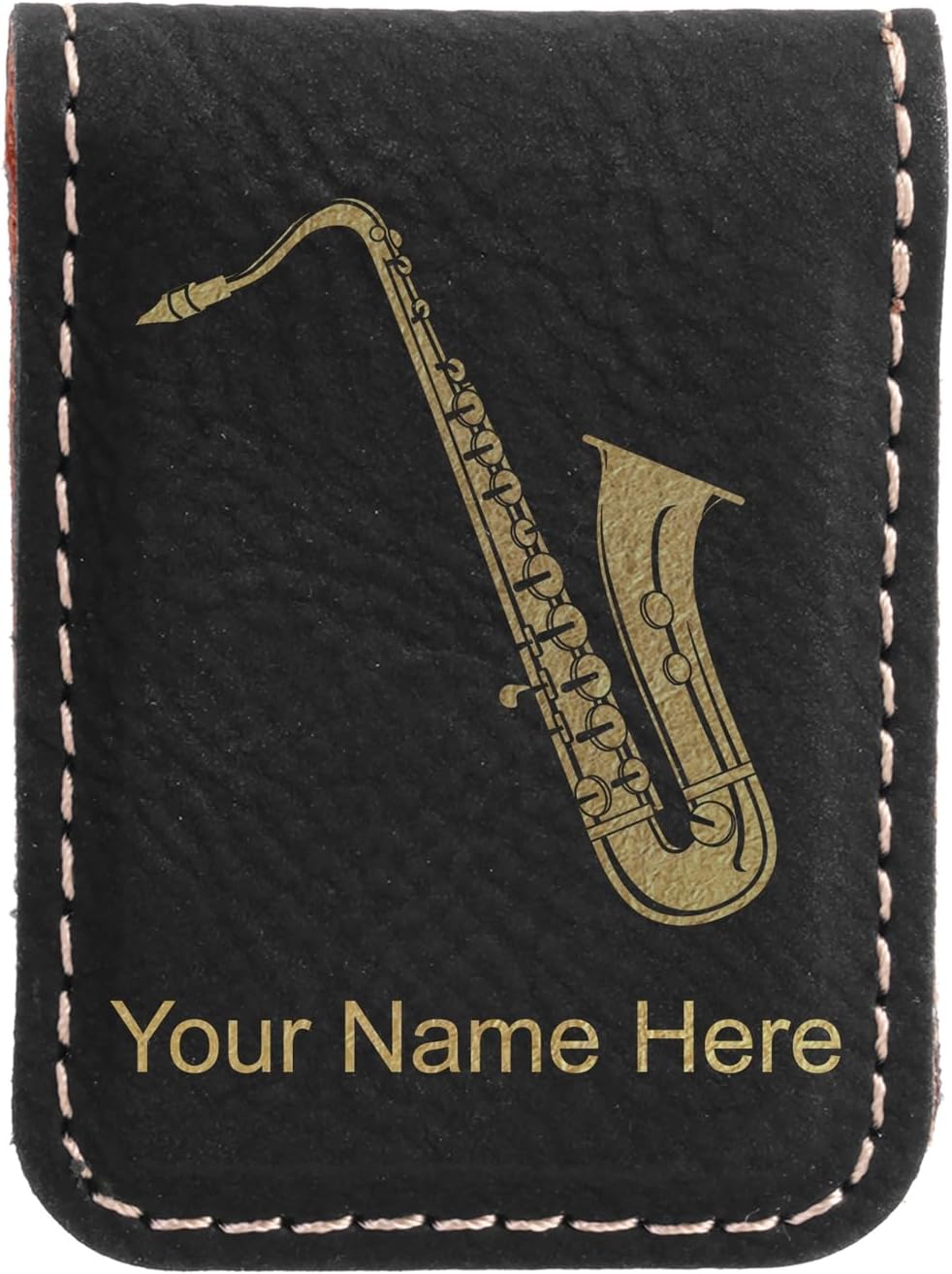 LaserGram Slim Magnetic Money Clip, Saxophone, Personalized Engraving Included (Black with Gold)