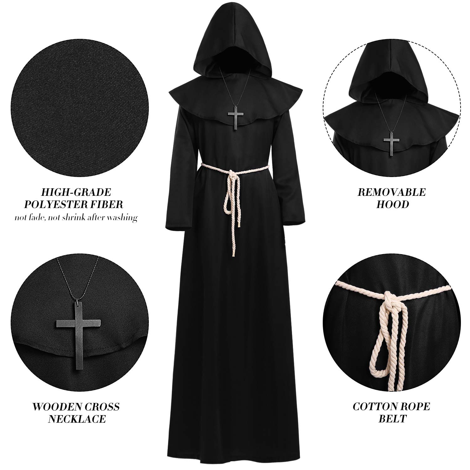 KONVINIT Costume da monaco medievale Frate accappatoio Medievale Sacerdote Rinascimentale Cappuccio Costume saio con Cappuccio Vestito da Monaco frate per Halloween Carnevale