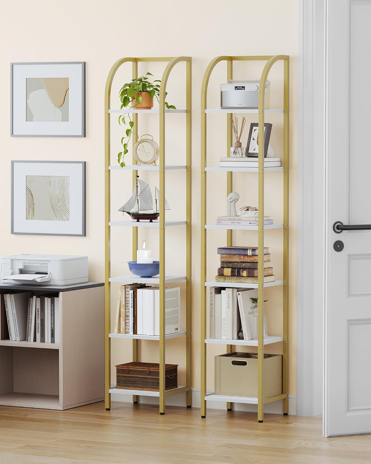 Bookshelf Bookcase Narrow Bookcase Shelf Organizer with Steel Frame for Study Living Room Bedroom Kitchen Home Office Industrial Bookshelf 6-Tier White Gold BC56013A - Image 3