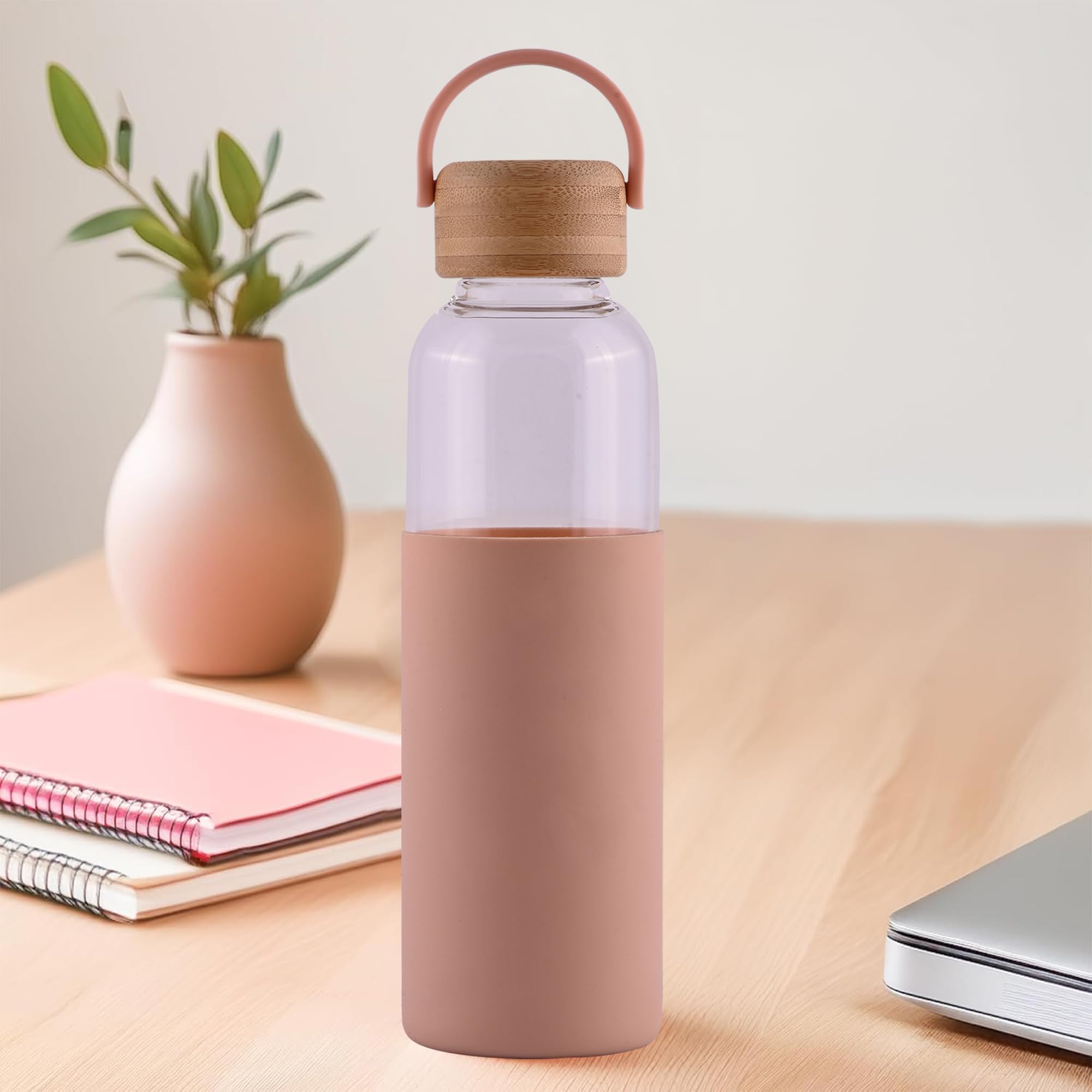 Kuber Industries 550ml Leakproof Glass Bottles for Fridge with Bamboo Lid, Silicon Sleeve & Handle | Borosilicate Water Bottles for Women, Kids & Adults | Peach