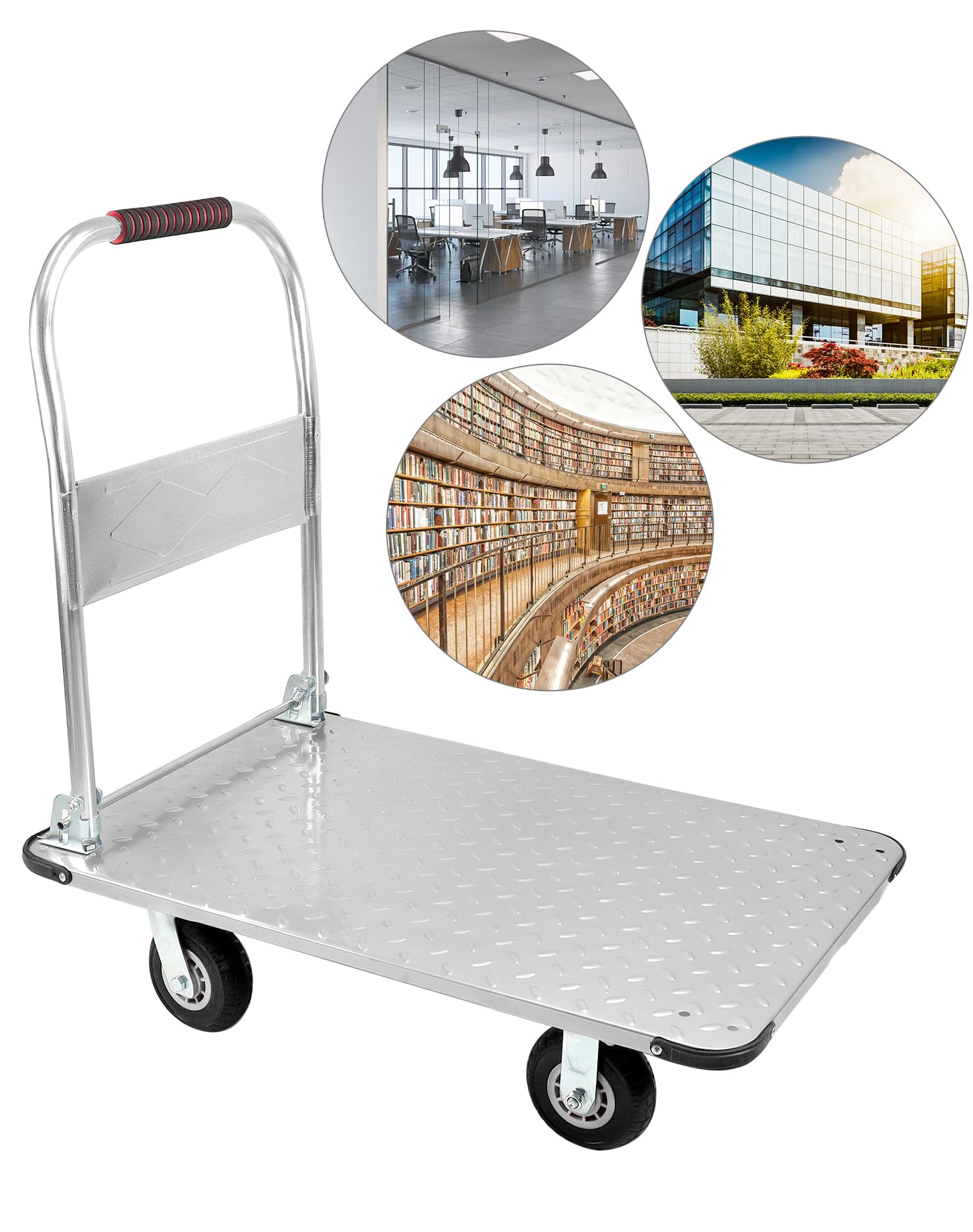 QWORK® Robusto carrello con piattaforma pieghevole, con capacità di carico di 1100 kg, 90 x 60 cm e pneumatici in gomma silenziosi, Carrello da trasporto in acciaio per carichi pesanti