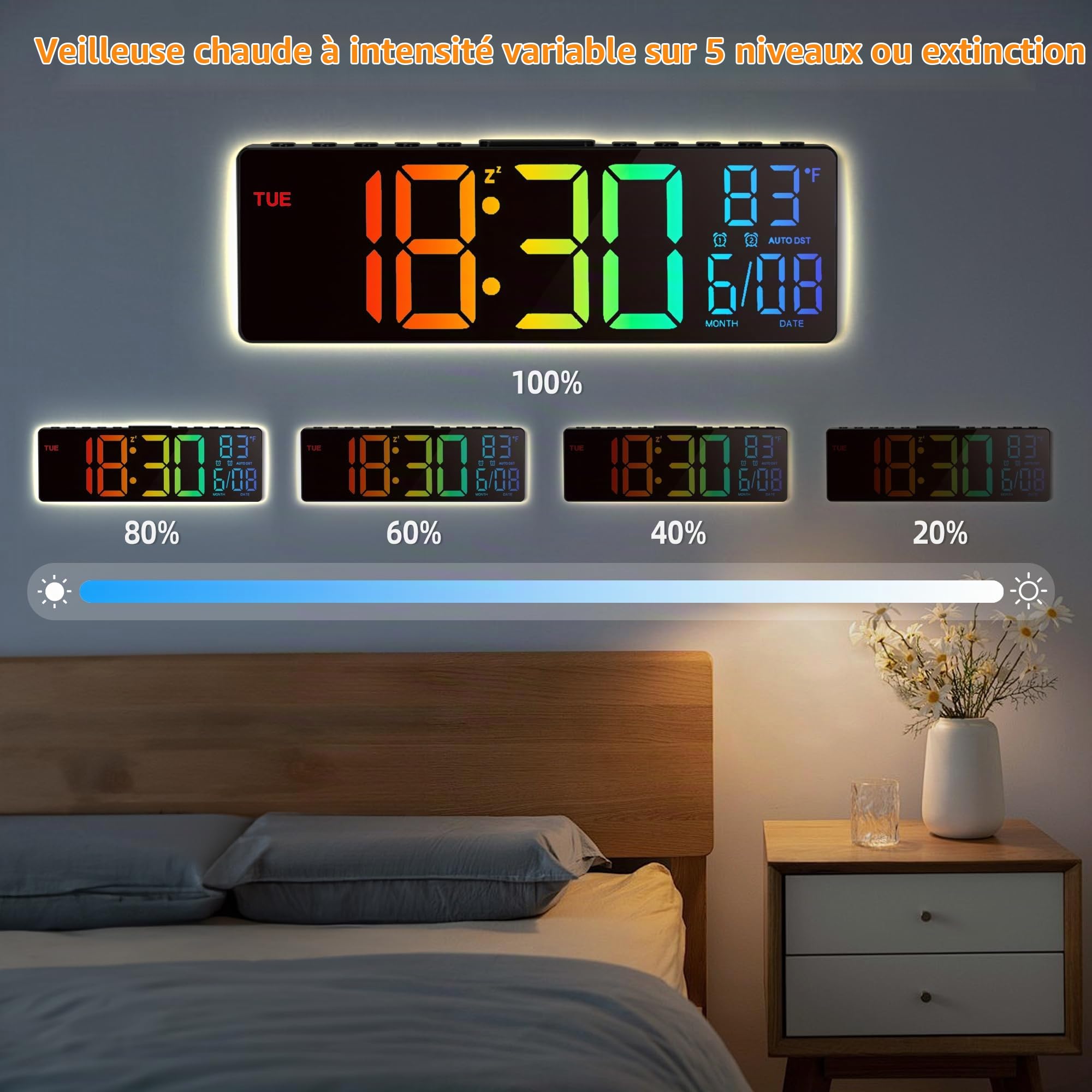 HAITANG Horloge Numérique - Horloge Calendrier Numérique Murale LED De 10,5" avec Affichage De La Température, Date Et Jour, Dimming Automatique De La Luminosité RGB, Veilleuses, pour Bureau, Chambre