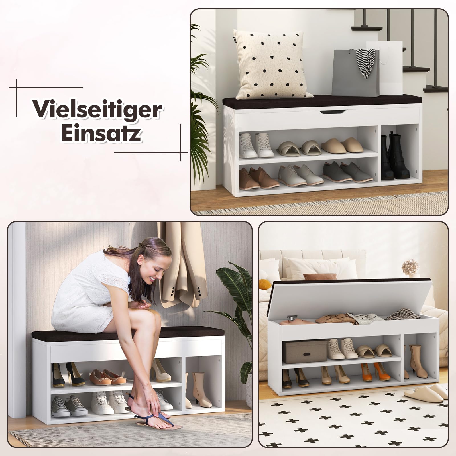 RELAX4LIFE Schuhbank, Schuhablage mit 3 Ablage & Stauraum, Schuhtruhe mit Sitzfläche, Schuhregal für niedrige & hohe Schuhe, Sitzbank für Wohnzimmer & Flur & Schlafzimmer, 104 x 30 x 48 cm (Weiß)