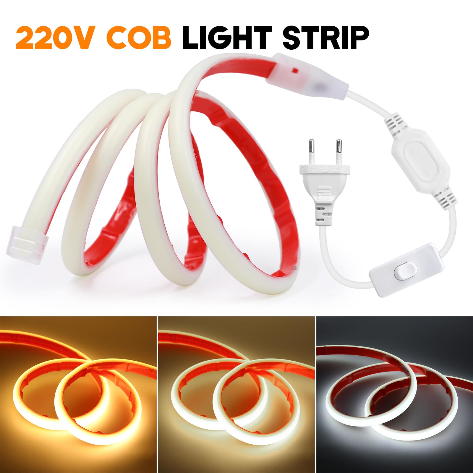 KISUFU 230V COB LED Streifen, 288LEDs/m Superhell Hohe Dichte IP65 Wasserdicht 50CM Schneidebar Doppelseitiges Band Neon LED Lichtband Light Strip für DIY Innen-und Außenbeleuchtung Projekte