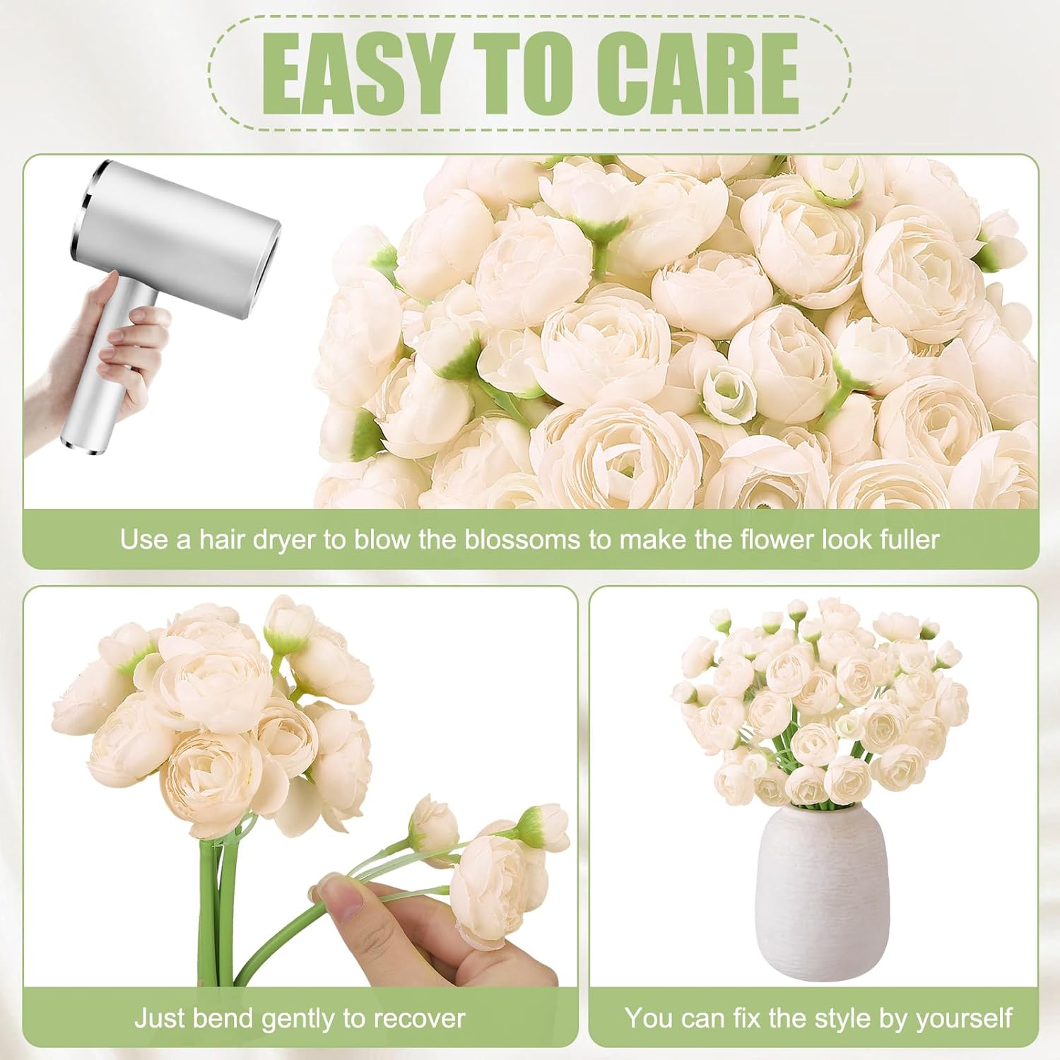 5 Bouquets Cream Ranunculus Artificial Flowers, 30 Pcs Silk Mini Faux Ranunculus Bouquet for Wedding, Bridal Shower, Centerpieces, and DIY Decorations - Image 3