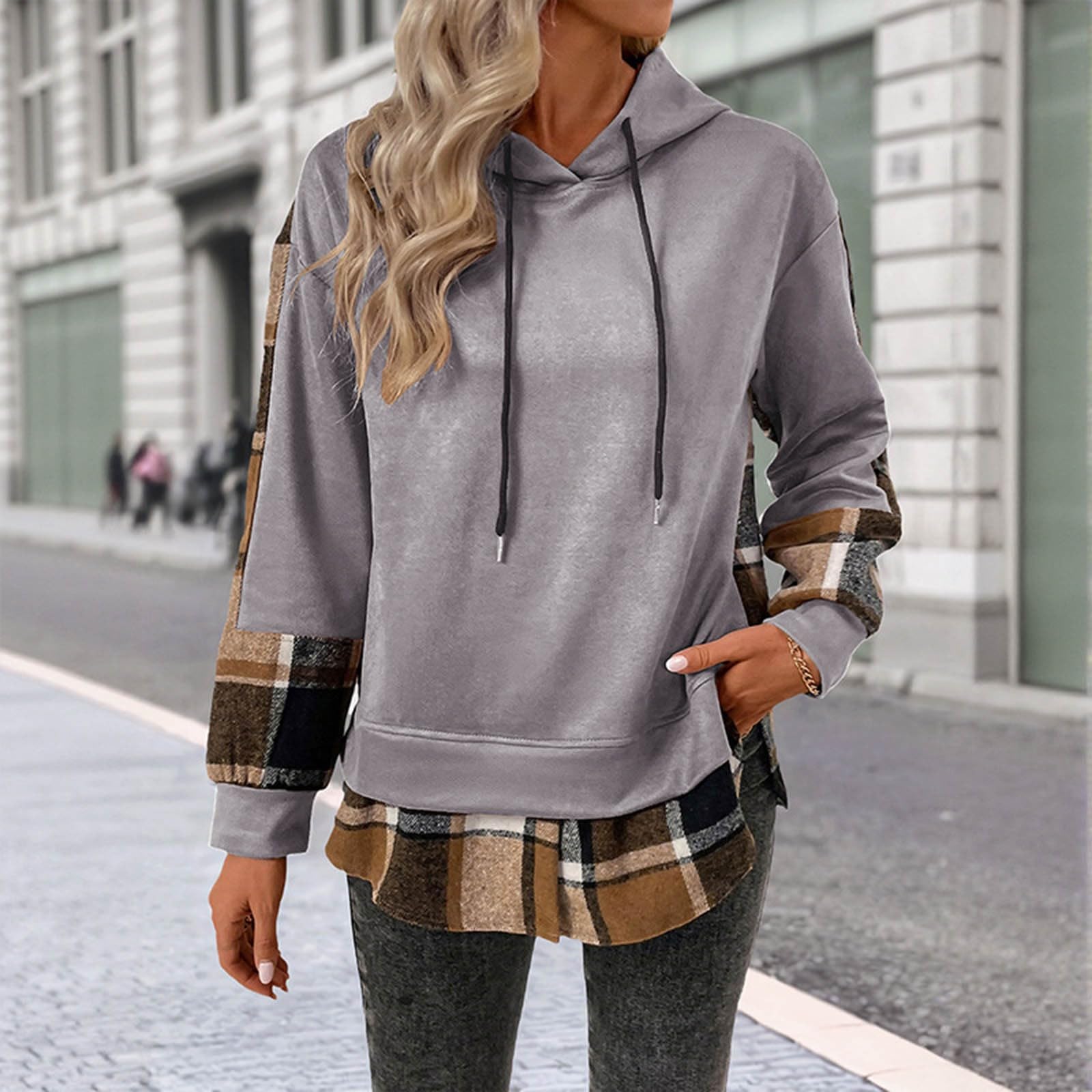 Sudadera con Capucha de Polar Estilo Retro británico de Patchwork a Cuadros de Manga Larga con diseño Falso de Dos Piezas para