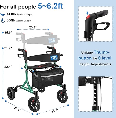 Vista 47 de Andador con ruedas para personas mayores con soporte para tazas, botón de presión de pulgar mejorado para ajuste de altura, caminante de 4 x 8 Azul