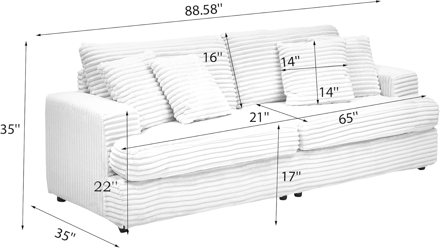 Ball & Cast Loveseat Sofa with 4 Lumbar Pillows,Modern Sectional Couch W/Deep Seat,Armrest and Plastics Legs,Corduroy Upholstered Sofa for Living Room,Apartment,Small Space,Gray,88.58"
