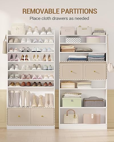 Miniatura 4 de Armario de almacenamiento de zapatos, armario de zapatos de 10 niveles con 2 cajones de tela, organizador de zapatos independiente de madera con 2