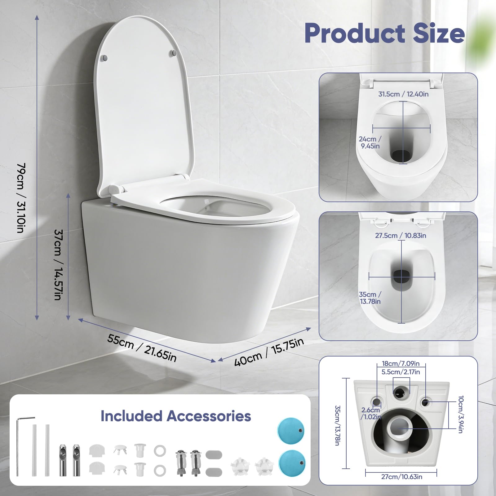 Hänge WC Spülrandlos Wand WC Toilette ohne Spülkasten, leise unter 50dB, 400kg Tragfähigkeit