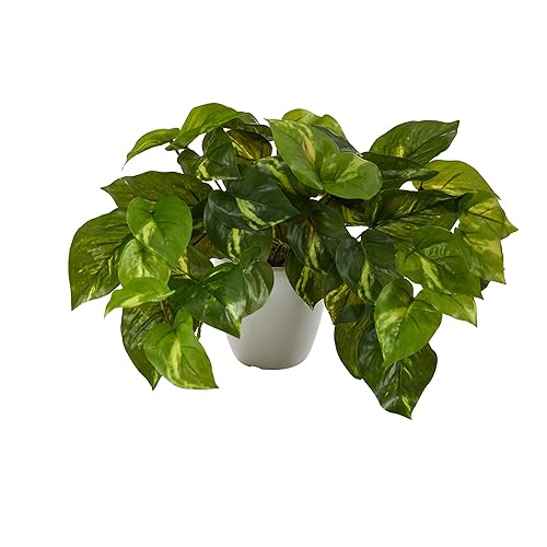 Nearly Natural 9in. Pothos Artificial Plant in White Planter (Real