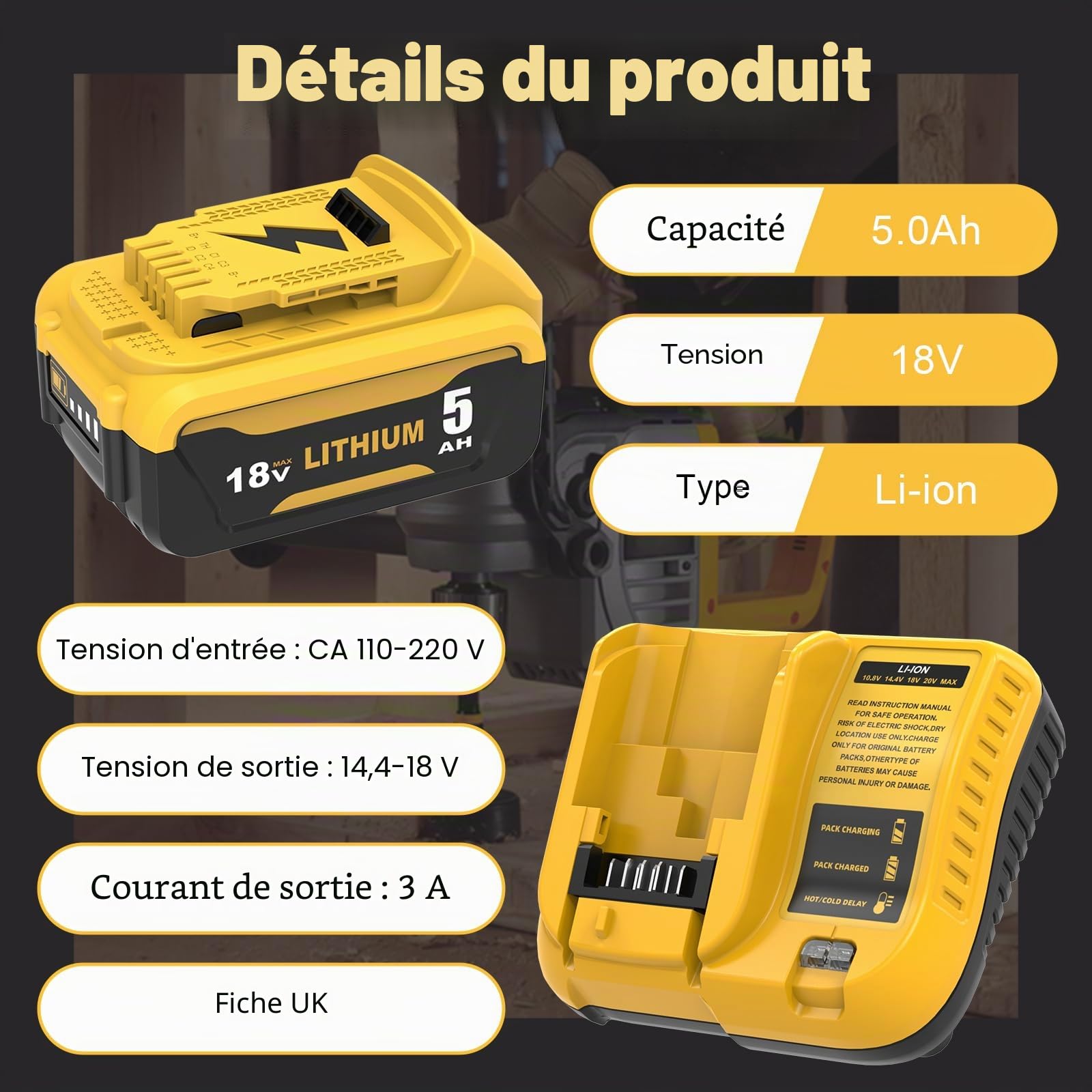Lot de 2 Batteries de Rechange DCB184 5,0Ah pour DeWalt Batterie 18V DCB182 DCB180 DCB184 DCB200 DCB182 DCB181 DCB201 + pour Dewalt Chargeur 18V 3A Goodexo