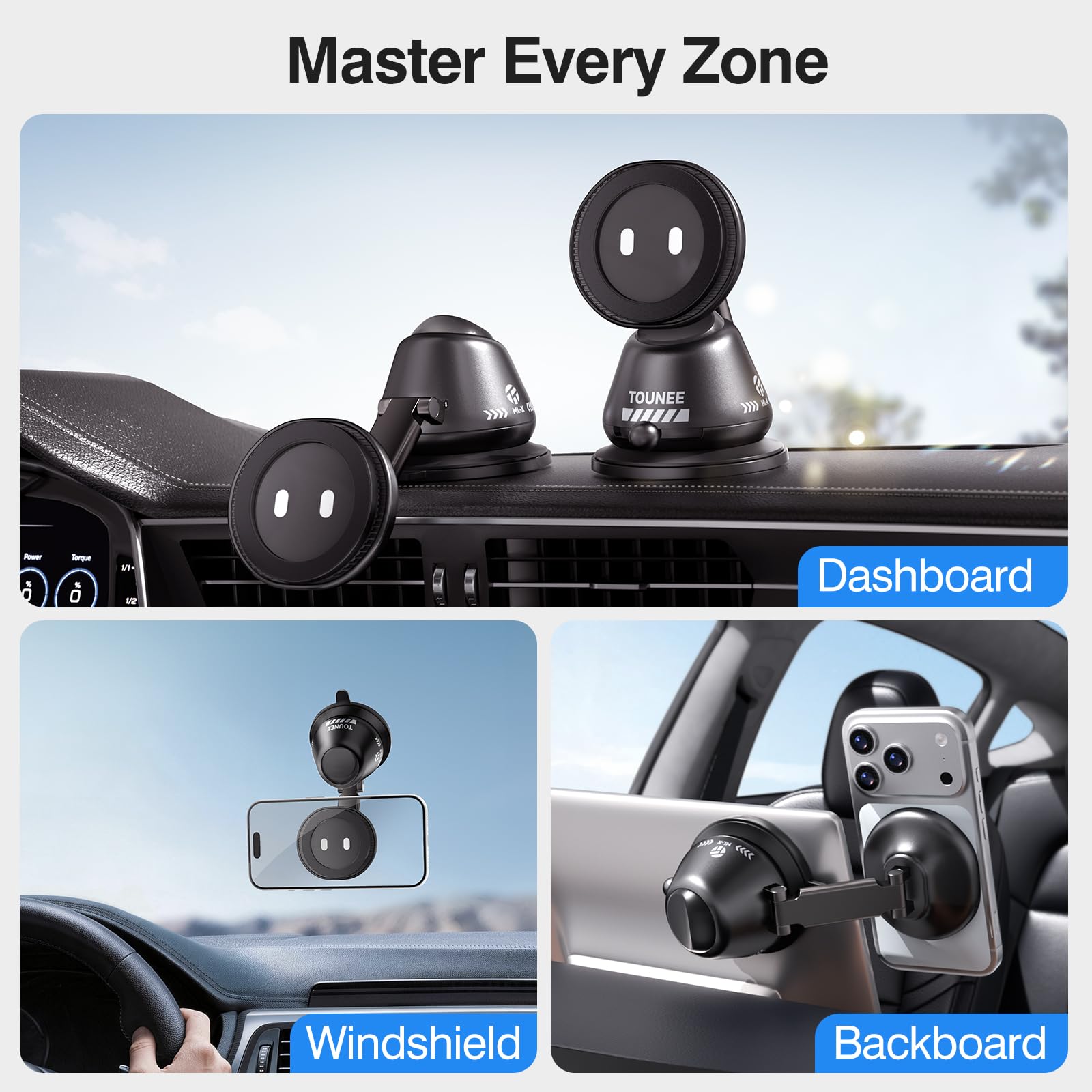 tounee Magnetyczny uchwyt samochodowy na deskę rozdzielczą, obracany o 360°, uchwyt na telefon samochodowy, uniwersalny stojak na telefon komórkowy do iPhone 17 Pro Max 16 15 14 13 12-czarny