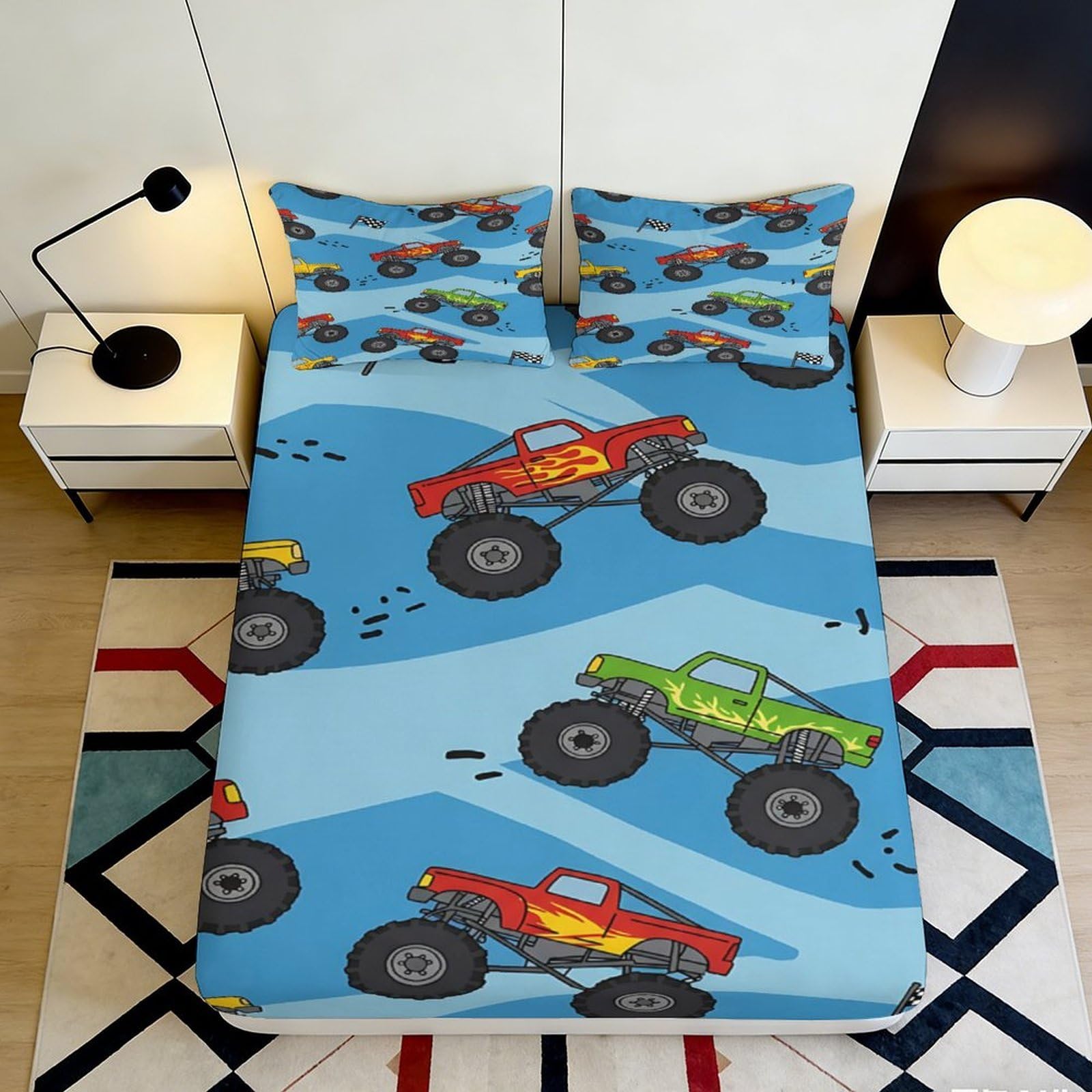 3D Printed Monster Truck Fitted Sheet Microfiber Soft Blue Cartoon Bed Sheet for Bedroom Dorm Mattress Cover 90x200x25cm
