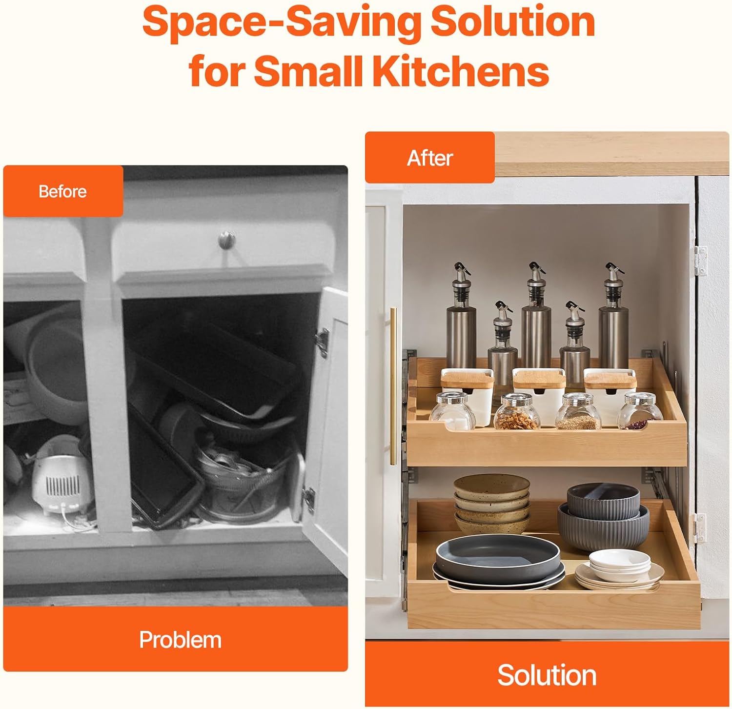 VEVOR 2 Tier Pull Out Cabinet Organizer, 20" W x 21" D Cabinet Drawer, Soft Close Slide out Shelf, Heavy-Duty Sliding Wood Drawer, Adjustable Base Cabinet Organization for Kitchen Pantry Bathroom