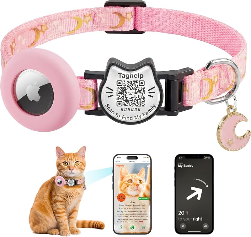 Coleira para Gatos com Suporte para AirTag e Plaquinha QR Code Taghelp Rosa com Estampa de Estrelas e Lua