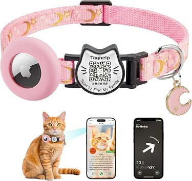 Breakaway Cat Collar with Integrated AirTag Holder & QR Code ID Tag - Reflective Safety Collar for Cats, Adjustable Lightweight Kitten Collar with smart tag,0.4" WidthPink
