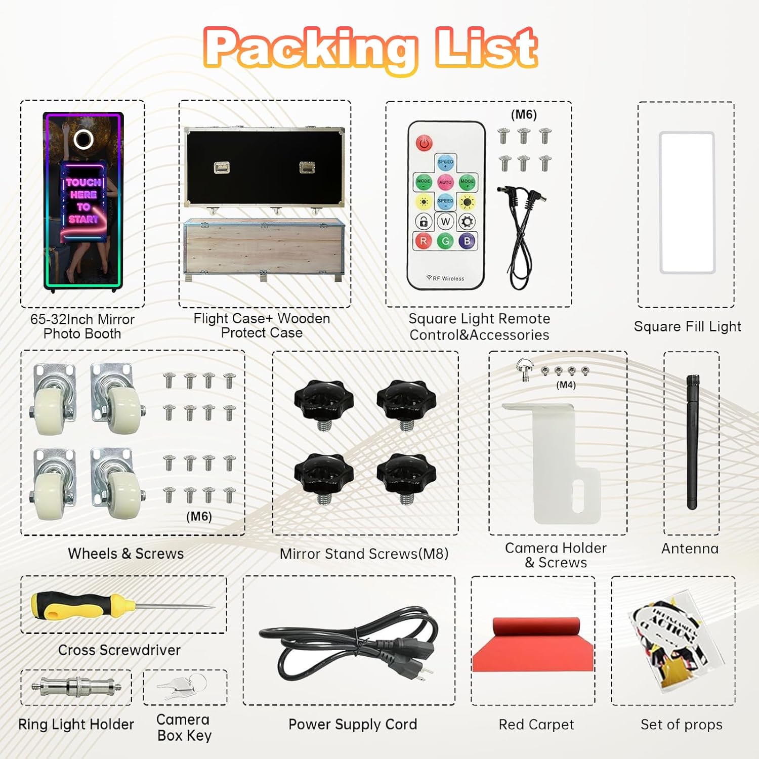 65 Inch Magic Mirror Photo Booth with 32'' Interactive Touch Screen, RGB Square Light, Mini PC and Flight Case for Wedding Party Event Rental (White, Photo Booth+Printer)
