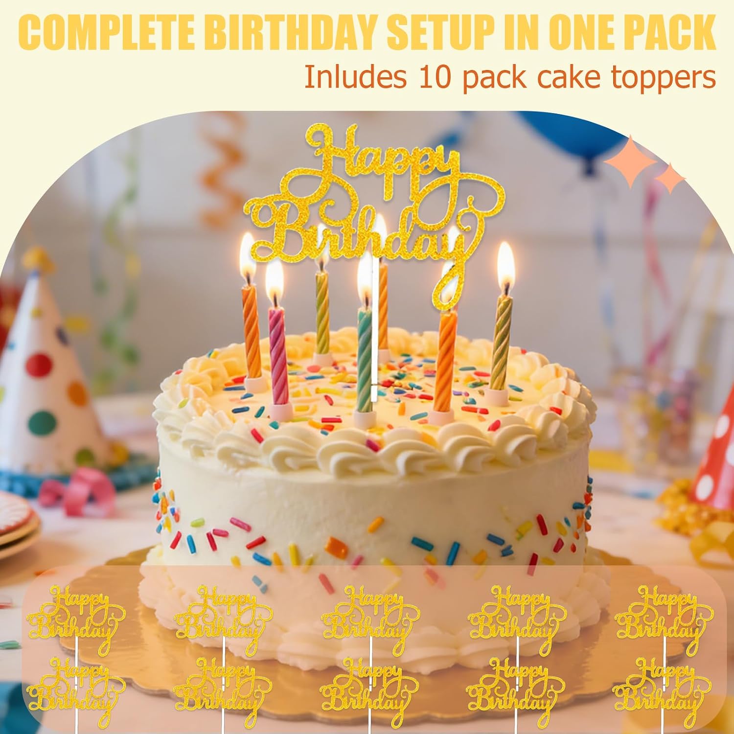 10 Inch Gold Cake Boards, 50 PCS Round Cake Board Circles Cake Base Plates for Baking Decorating, with 10 Birthday Cake Toppers