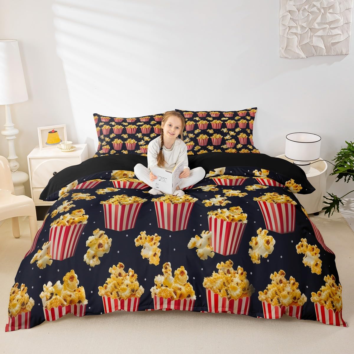 Homewish Popcorn King Size poszewka na kołdrę czerwony żółty zestaw pościeli kreskówka słodkie śmieszne jedzenie poszewka na kołdrę dla dzieci chłopców dziewcząt dorosłych kreskówka zestawy łóżek