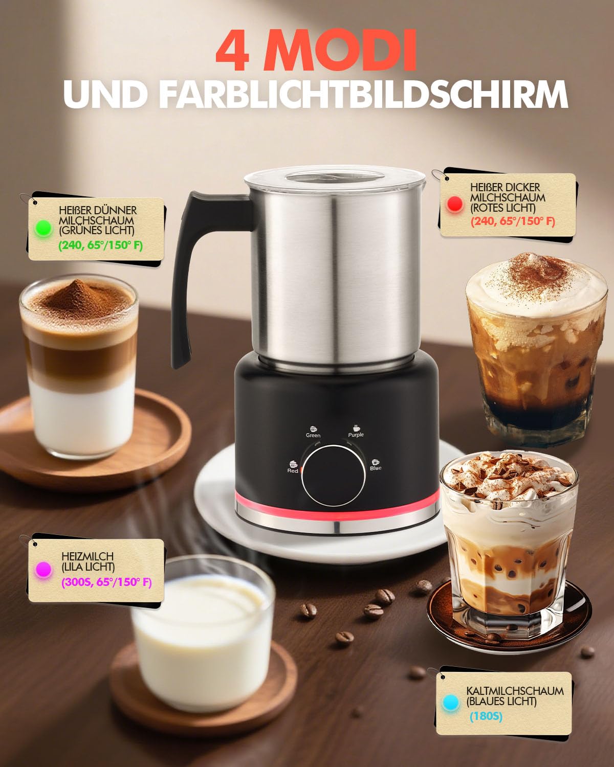 Automatischer Milchaufschäumer Elektrisch 4-in-1, 650ML Edelstahl Milchschäumer mit Auto-Abschaltung, Spülmaschinenfest, Leiser Milchwärmer für Heißen & Kalten Milchschaum, Ideal für Latte, Cappuccino