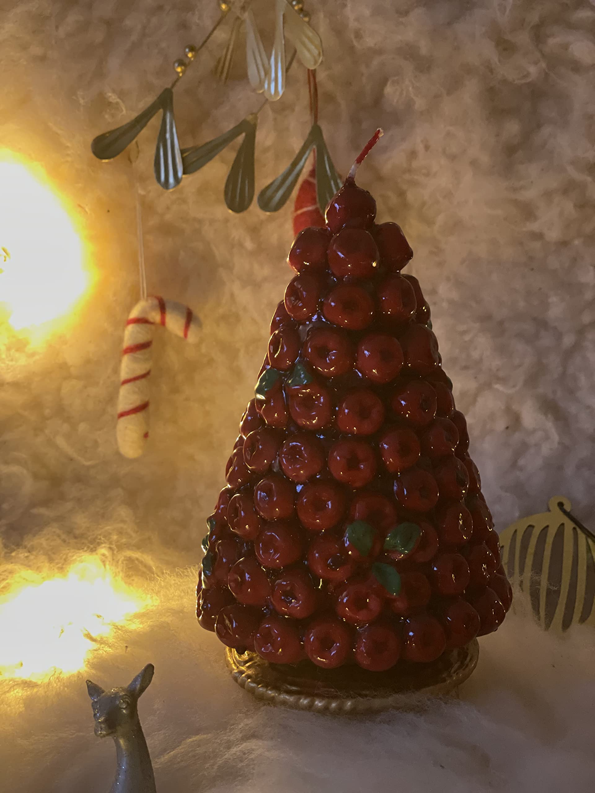 Candela Decorativa Natalizia Rossa La Foresta - Albero Con Mele, 19 Cm, Dipinta A Mano In Italia, Idea Regalo