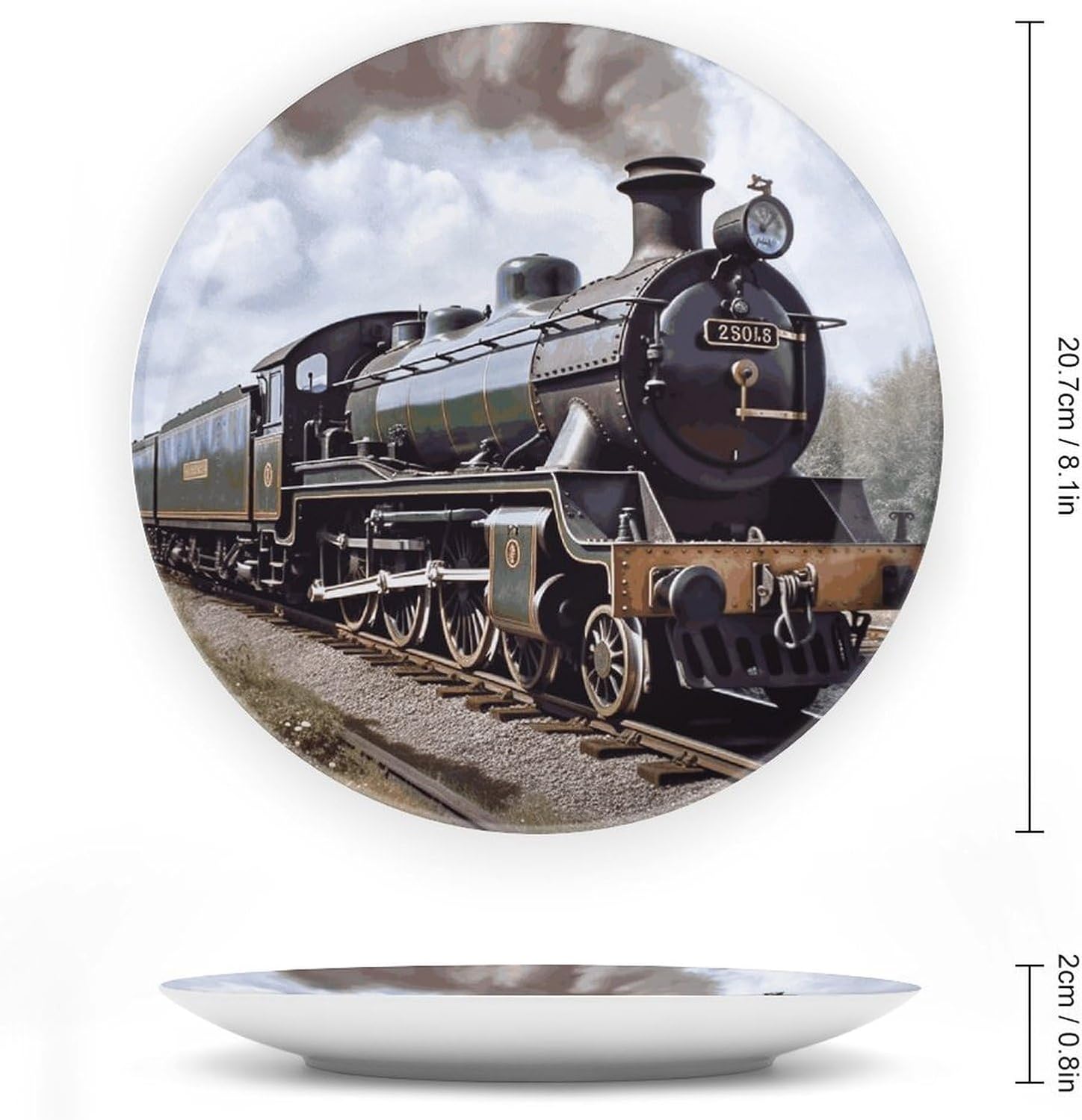 Steam Locomotive Train Bone China Decorative Plate with Display Stand, Ceramic Ornaments Plate for Wall Hanging, Personalized Porcelain Plates for Office, Living Room 8inch