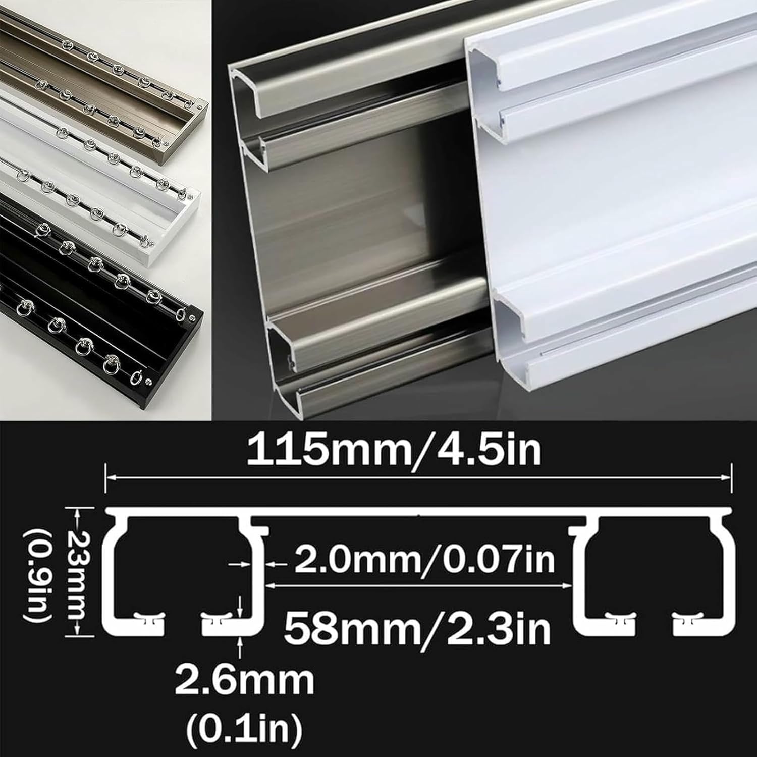 Ceiling Curtain Track, Curtain Double Tracks, Aluminium Ceiling Mounted Curtain Tracks, Room Divider Curtain Rod, Silent Sliding Ceiling Curtain Rail, for Office Home Bathroom(Black,1.7m(5.6ft))