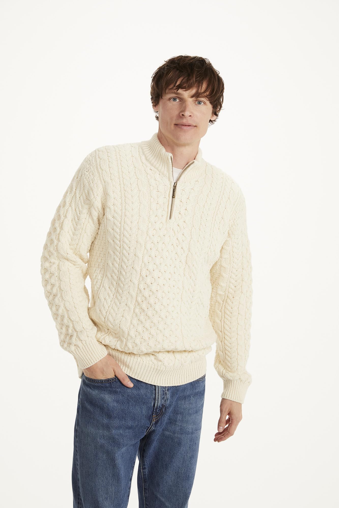 Maglione con Mezza Zip Irlandese Aran in Lana Merino da Uomo