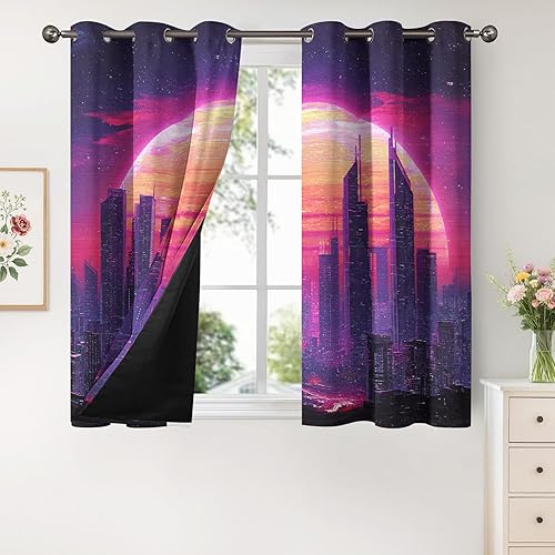 Miniatura 4 de Retro Neon Synthwave Curtains 63 Inch 2 Panel Set, 95% Blackout Curtains City Skyline Pattern, Retro Neon Synthwave Decor for Living Room Bedroom,