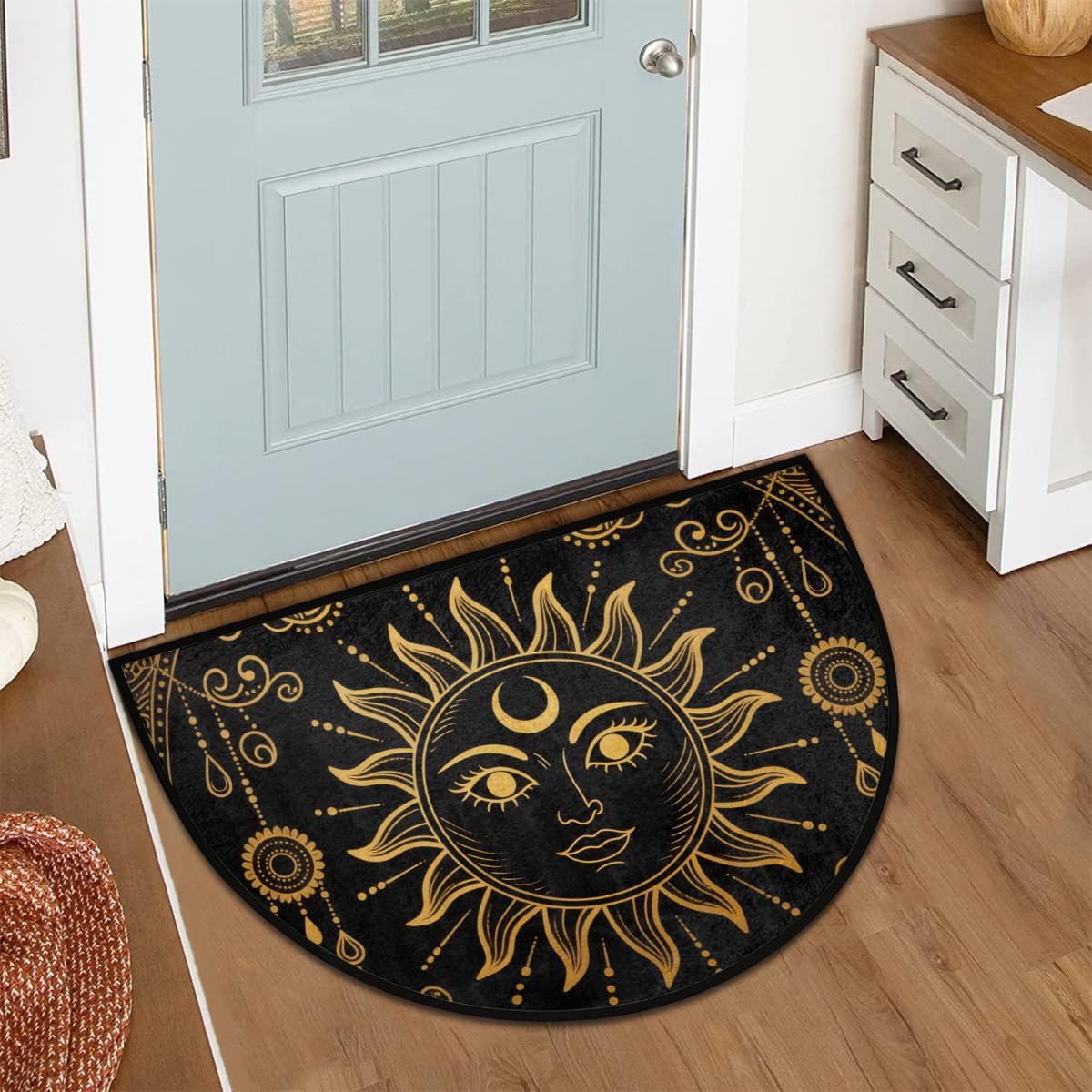 Ethnic Boho Style Sun Pattern Half Round Doormat, Non-Slip Entryway Rug, Soft Absorbent Microfiber, Indoor Half Circle Door Mat for Hallway Bedroom Garage Patio Home Decor 24 x 36 in