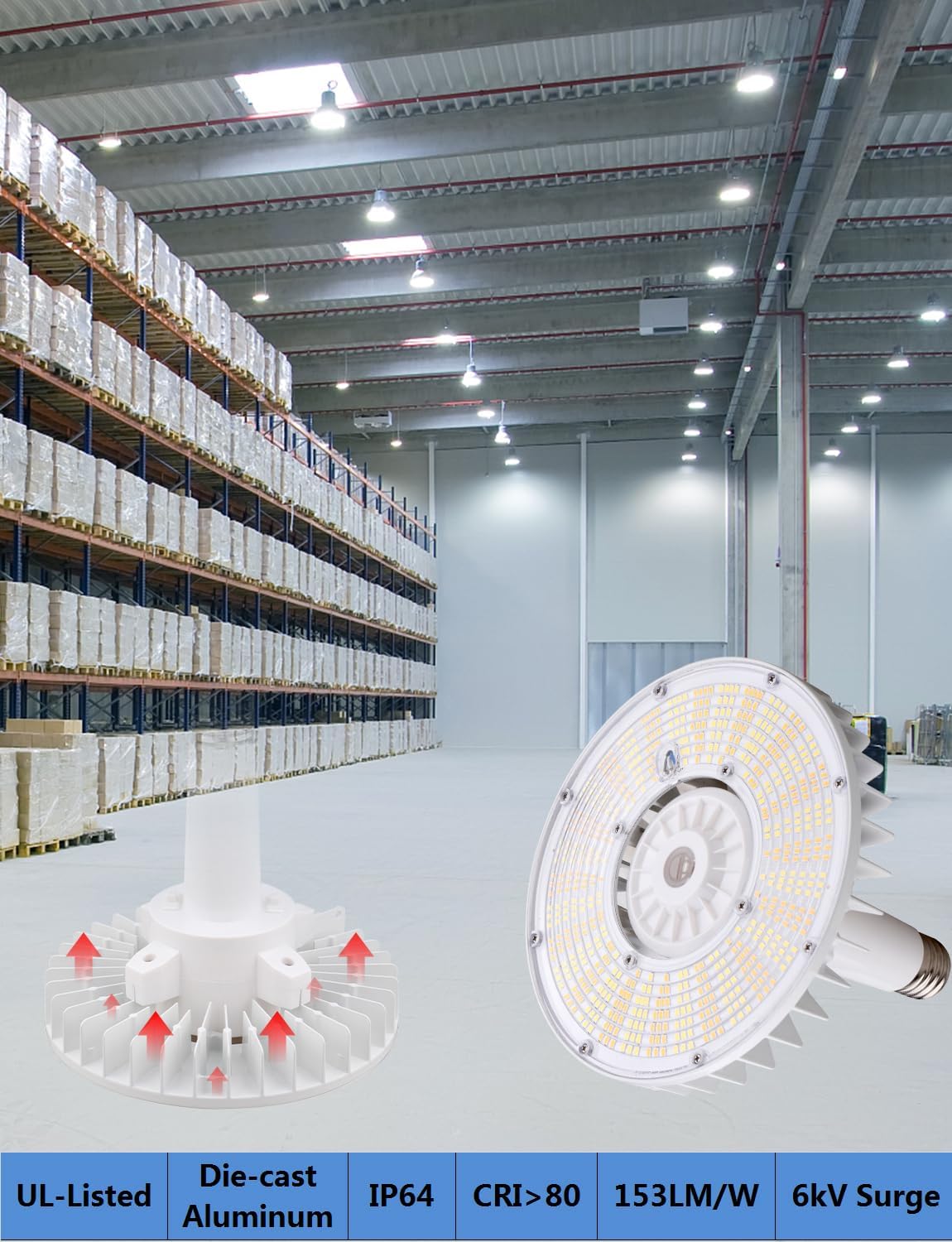 dephen 120W UFO LED Light Bulb with E39 Mogul Base Extender, 5700K High Bay Corn Light Compatible with Motion Sensor, 18600Lm Corn Bulb Replacement for 400W MH/HPS/HID, IP64,Aluminum,UL-Listed