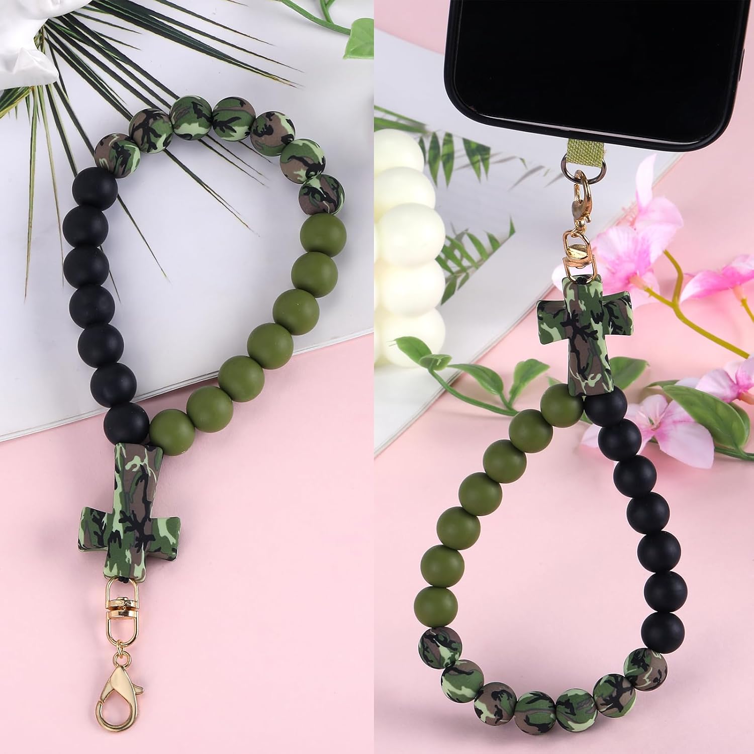 BEEFLYING Silicone Beaded Phone Wrist Strap with Cross, Cellphone Lanyard with Tether Tab, Elastic Hands-Free Bracelet - Image 3