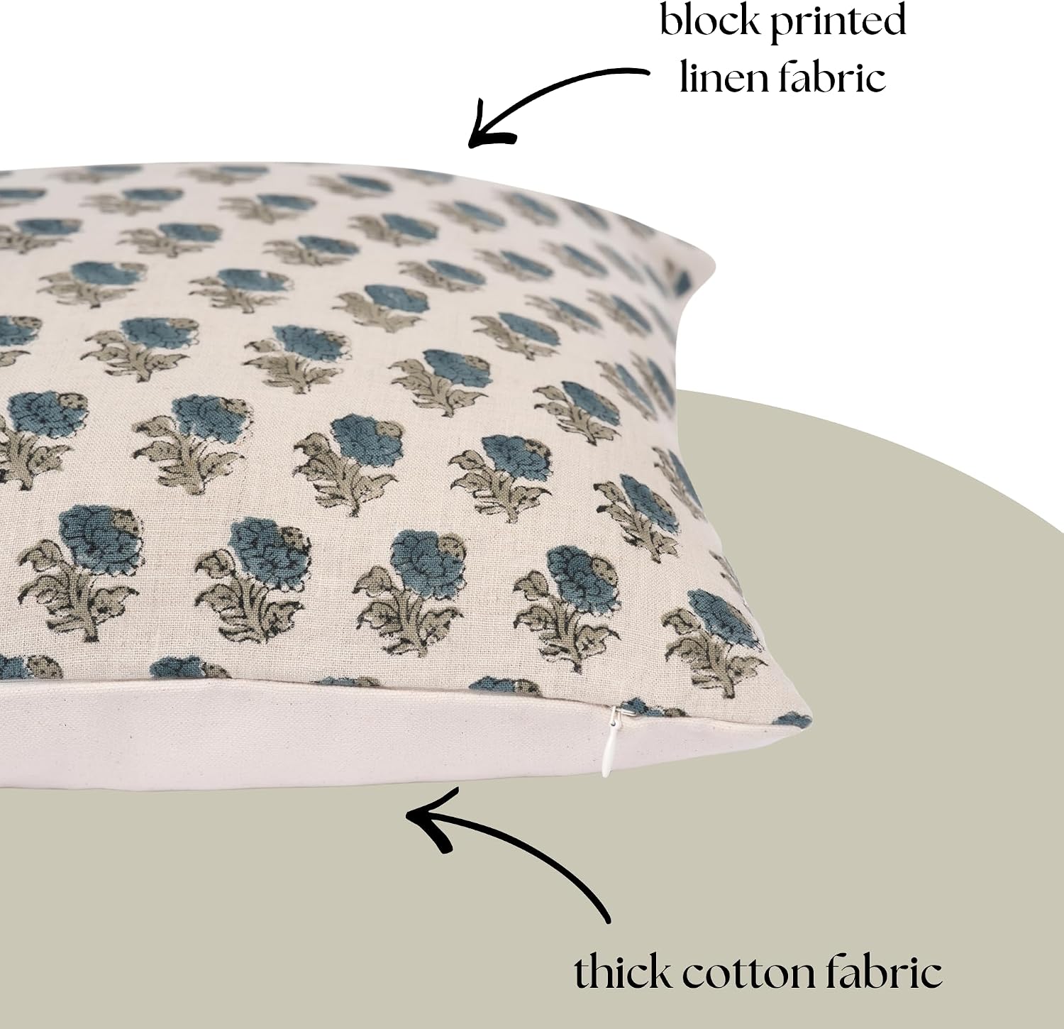 Decorative Pillow Cover French Country Pillow Cover Cottage Decor Floral Block Print, Farmhouse Decorative Cushion Cover, Striped Pillow Cover Line and Loop (Teal Blue-sage Green)