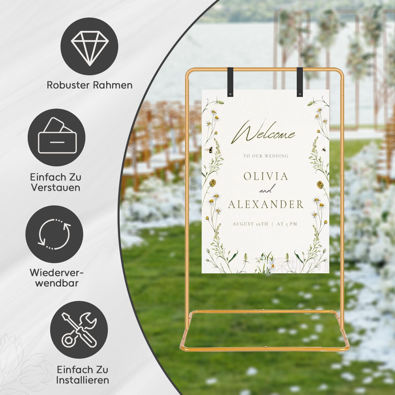 Hochzeitsschild-Halter, 173x80x50cm, Hochzeits-Willkommensschild mit 4 Lederriemen, Hochzeitsständer geeignet für Hochzeitsschilder, Posters, Sitzplan, Reception and Decor (Gold)