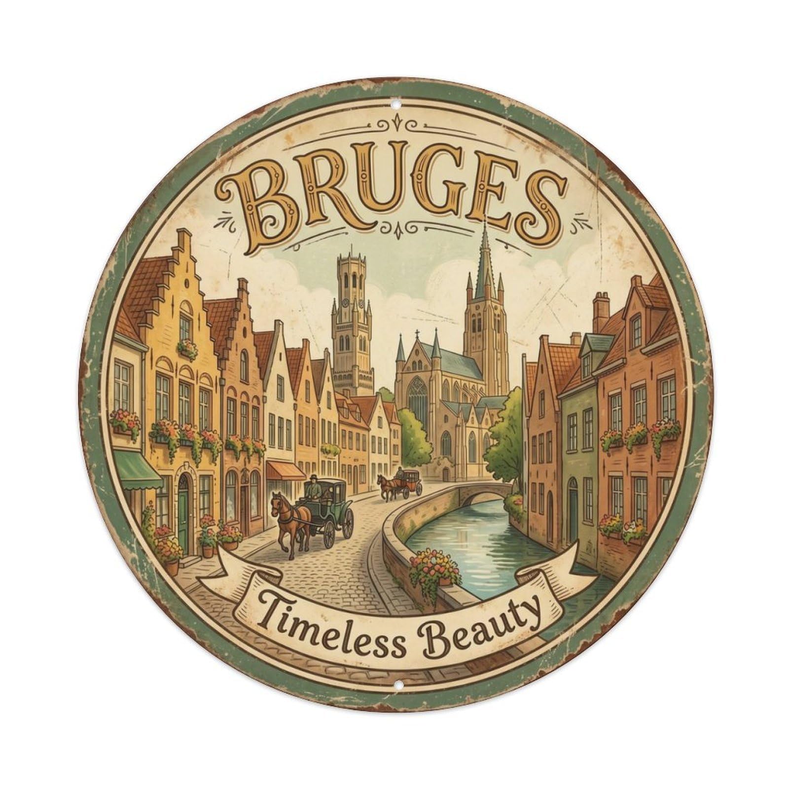Vintage Travel Bruges Oldtown Fairytale Metal Tin Sign Plaque Wall Decor for Cafe, Club, Garden Round Metal Poster 8x8Inch