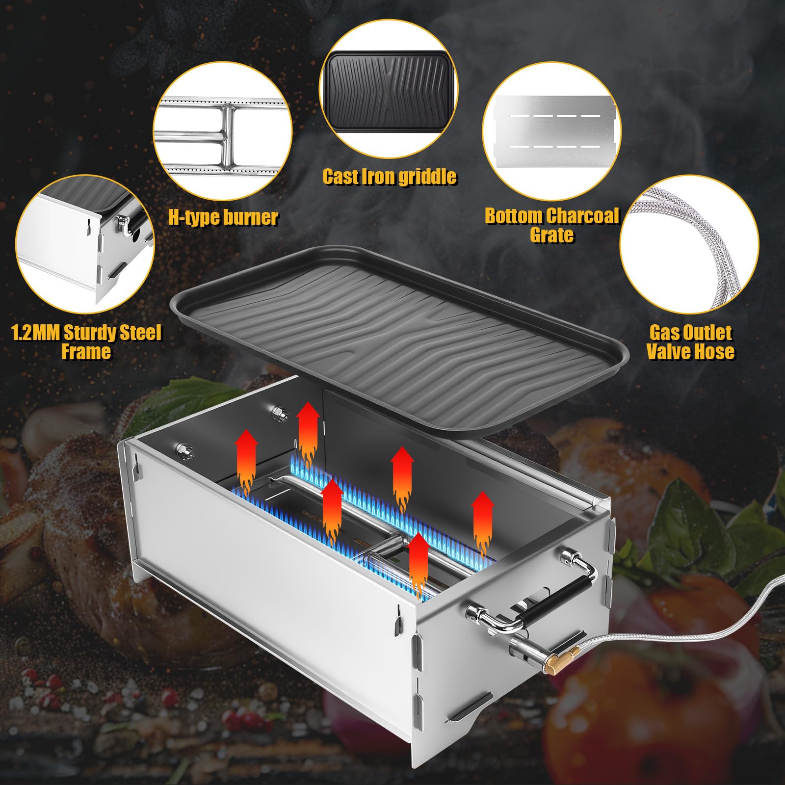 GFTIME Barbecue a gas portatile, da campeggio, funzionamento a gas e carbone, con piastra in ghisa, borsa per il trasporto, piccolo grill, perfetto per campeggio, giardino, balcone, esterno, griglia