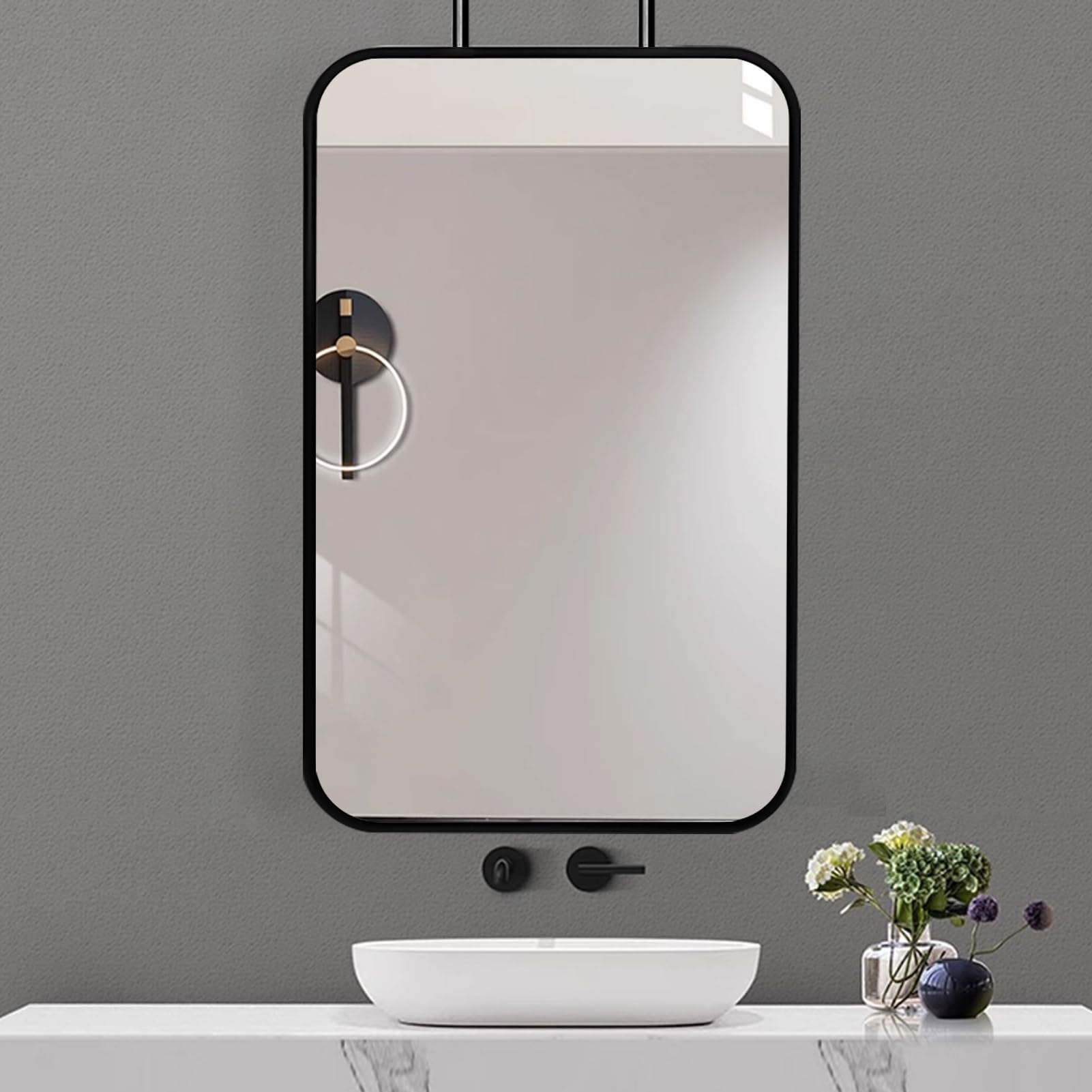FGXHHS Rounded Rectangle Frame Mirror, Vertical Ceiling Mounted HD Bathroom Hallway Cloakroom Hotel Wall-Mounted Hanging Black Rod Mirror(50cmx60cm)