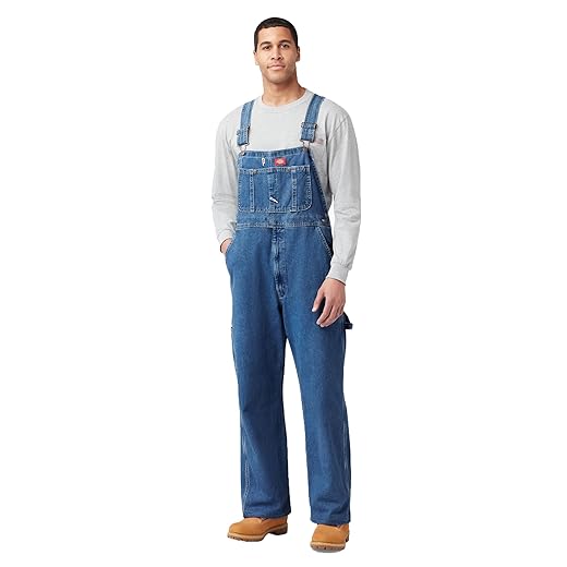 Dickies Men's Denim Bib overalls and coveralls workwear apparel, Stone Washed Indigo Blue, 34W x 30L US
