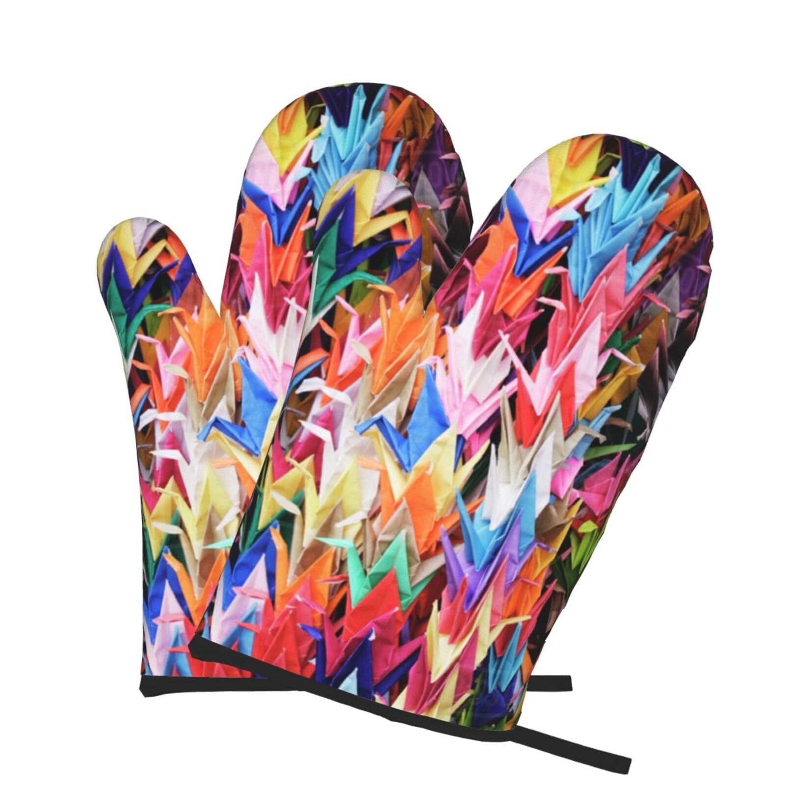 Oven Mitts Set of 2 Pcs, Origami Paper Cranes Prints Heat Resistant Kitchen Gloves for Cooking Baking Grilling