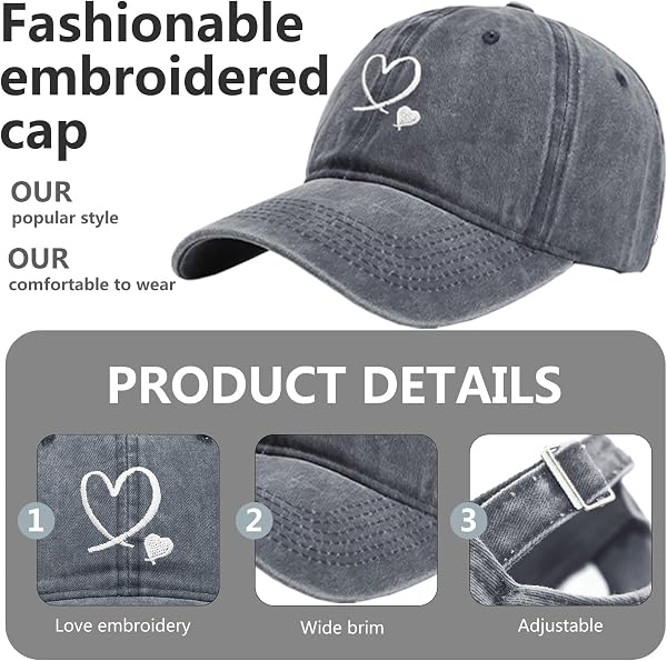 Gorra de béisbol con bordado de corazón, unisex, ajustable, de algodón - 3