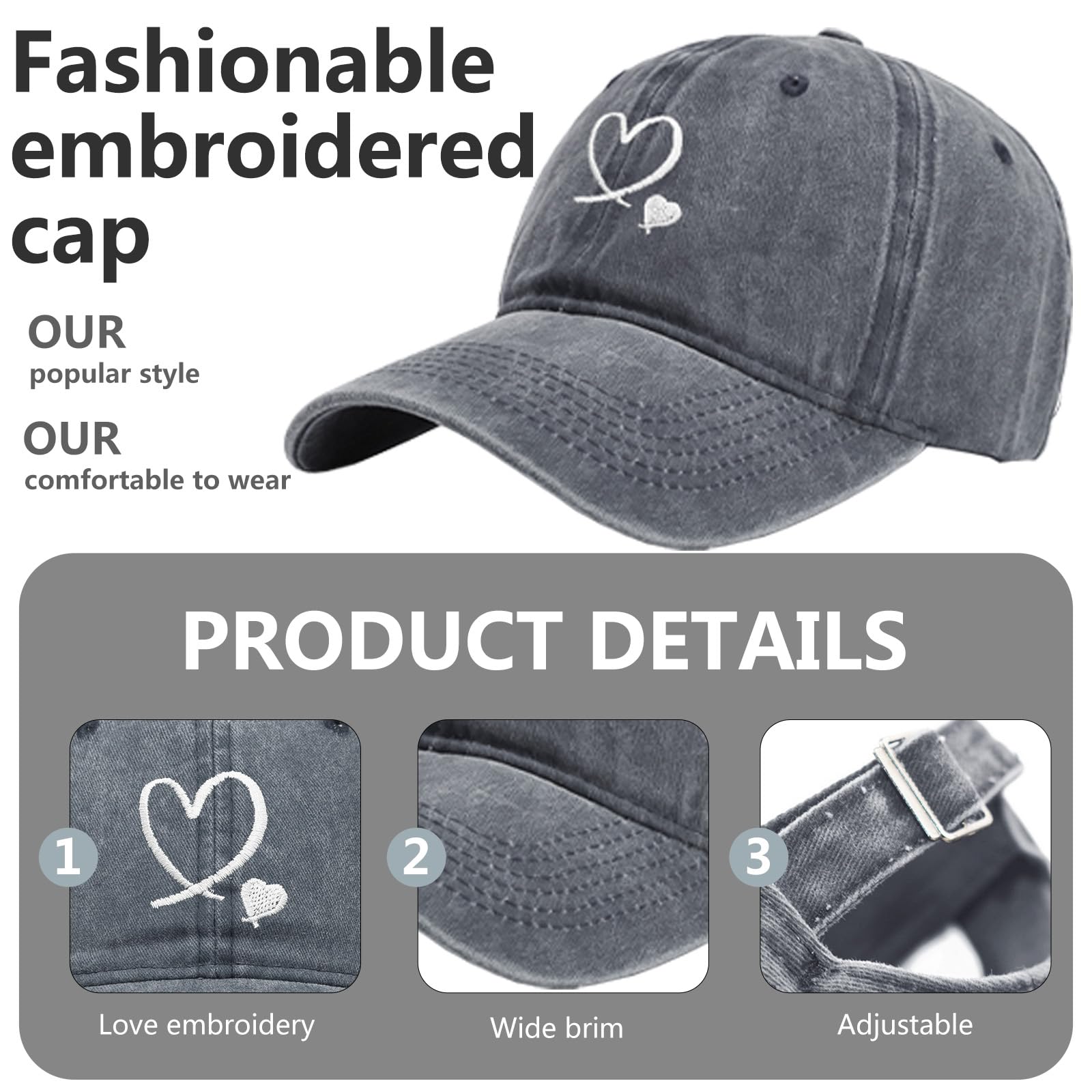 Gorra de béisbol con bordado de corazón, unisex, ajustable, de algodón — view 3