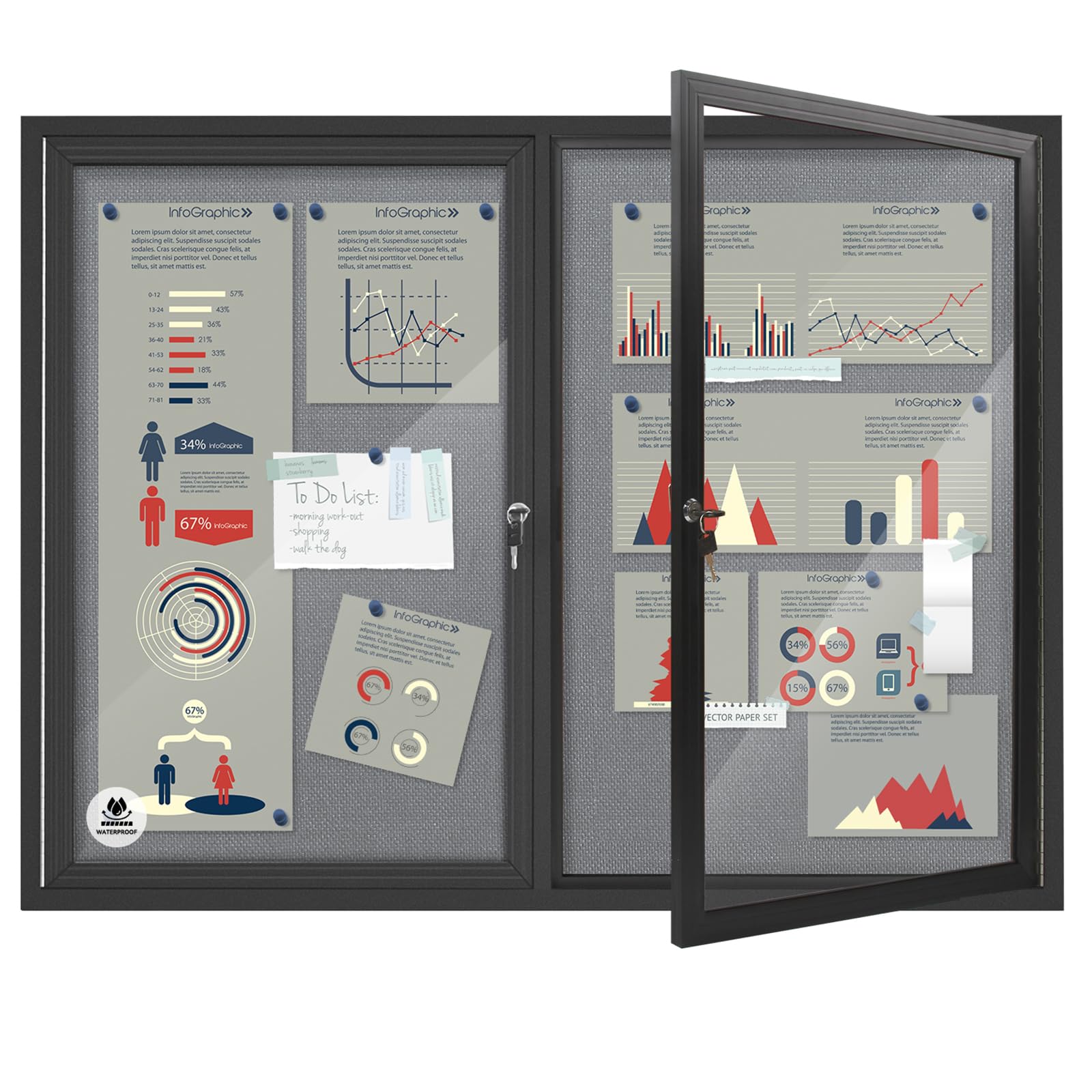 Weatherproof Enclosed Bulletin Board 44x32 Inch, Lockable Wall-Mounted Outdoor Grey Felt Noticeboard, Aluminum Frame Weather-Resistant Display Case