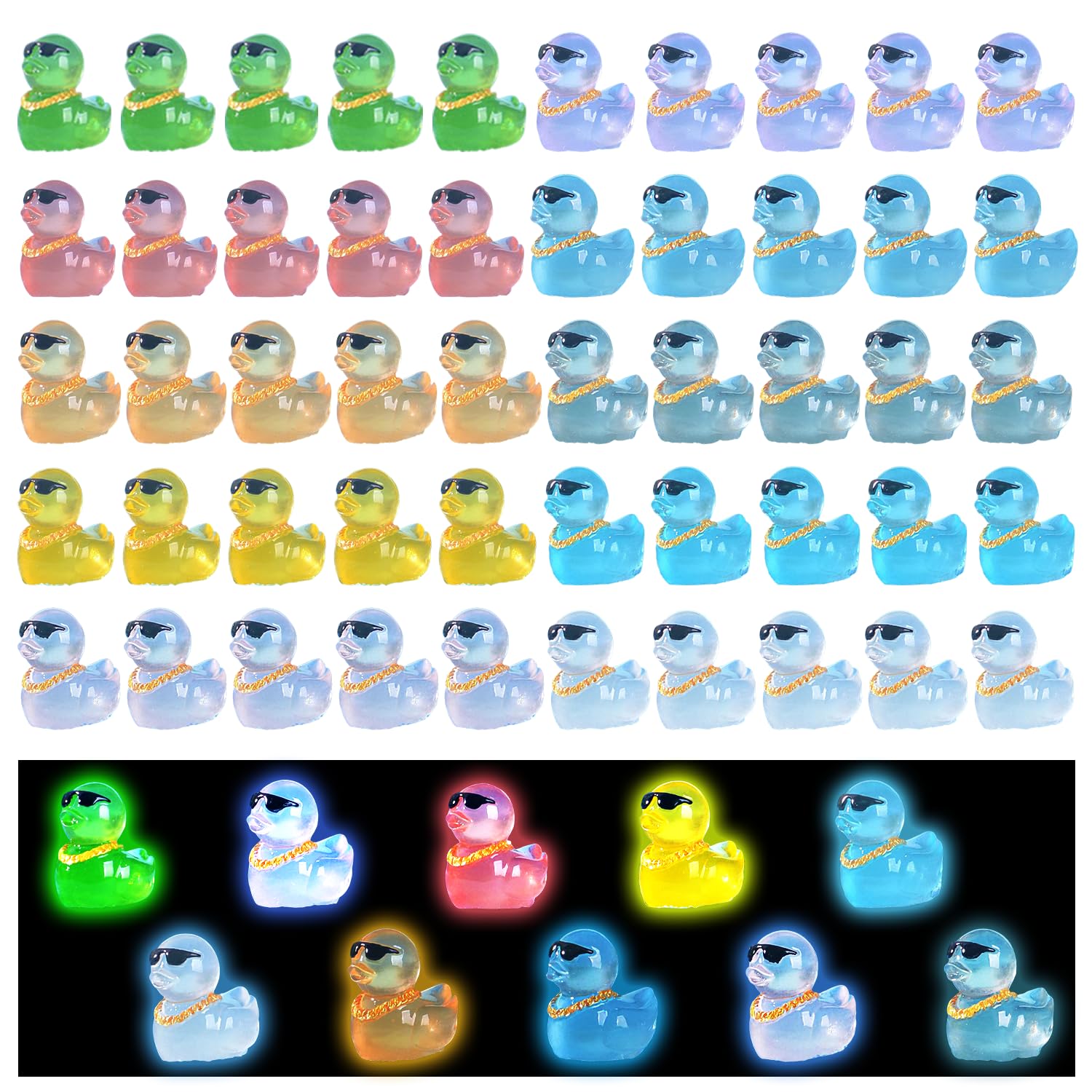 50 Pcs Luminous Mini Resin Ducks, Cute Mini Ducks, Miniature Duckies Figures Kit for Aquarium Garden Garden Party