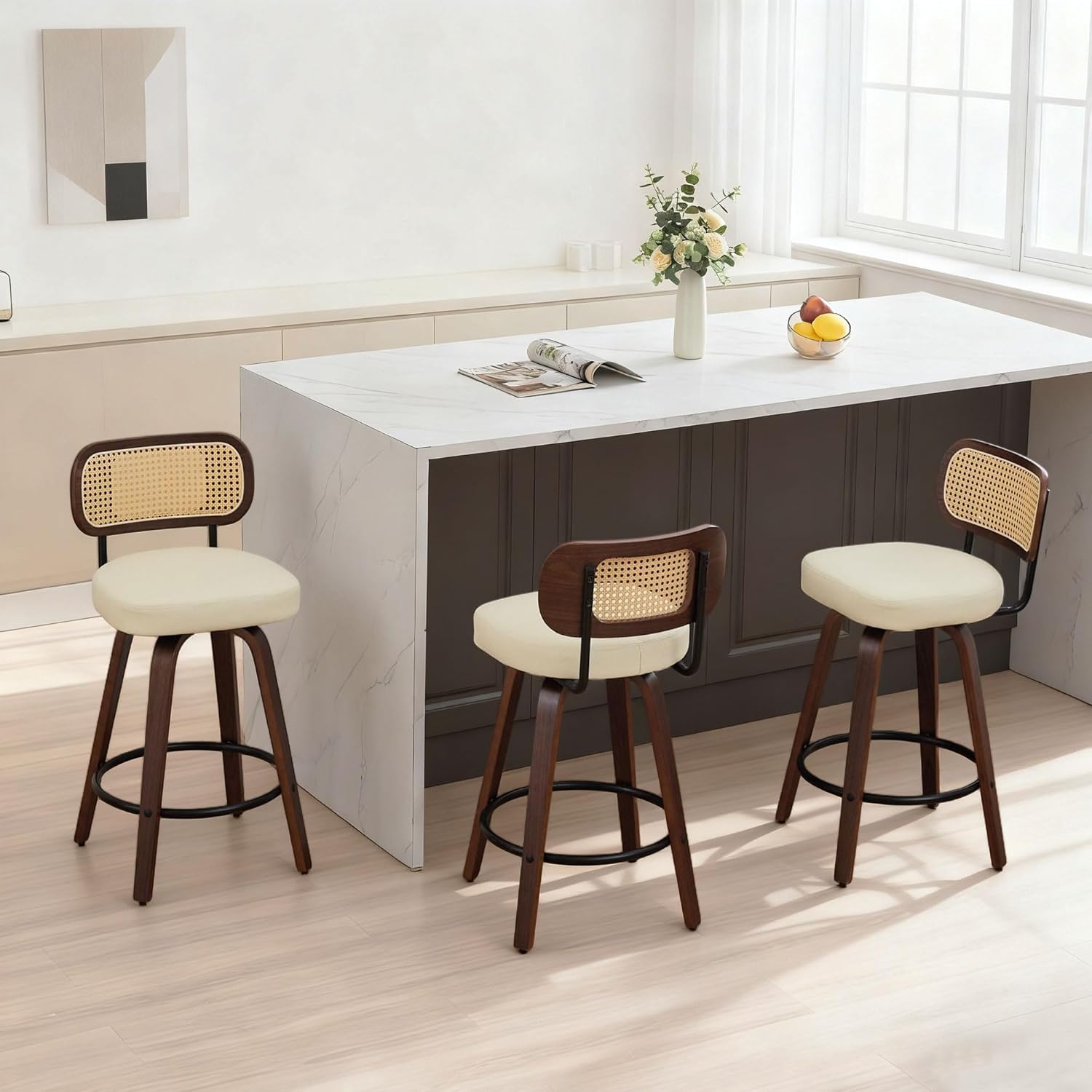 Swivel Bar Stools Set of 3, 26" Counter Height Barstools with Rattan Back & Bentwood Legs, Upholstered Faux Leather Mid-Century Modern Kitchen Island Chairs (Beige)