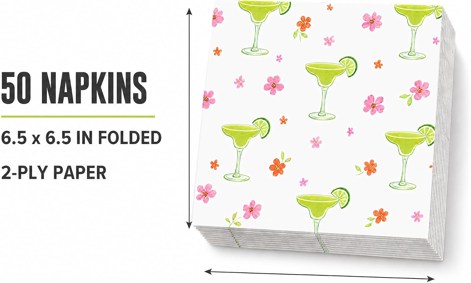 50pcs Margarita Napkins, Lime Green Margarita Glasses Floral Disposable Paper Napkins for Summer Birthday, Fiesta, Bachelorette Brunch, Tequila Party Decorations