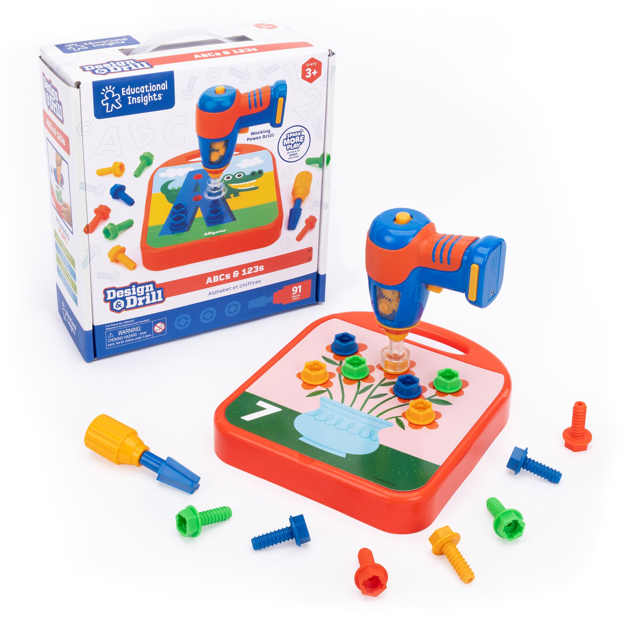 Educational Insights Design & Drill ABCs & 123s - Building Construction Toys for Toddlers, Kids Tool Set with Drill Toy, Preschool Learning Activities