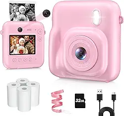 Câmera infantil com impressão instantânea, lente dupla 48 MP para presentes de aniversário de Natal, câmeras instantâneas de selfie 1080p para crianças com cartão de 32 GB, câmera digital de impressão