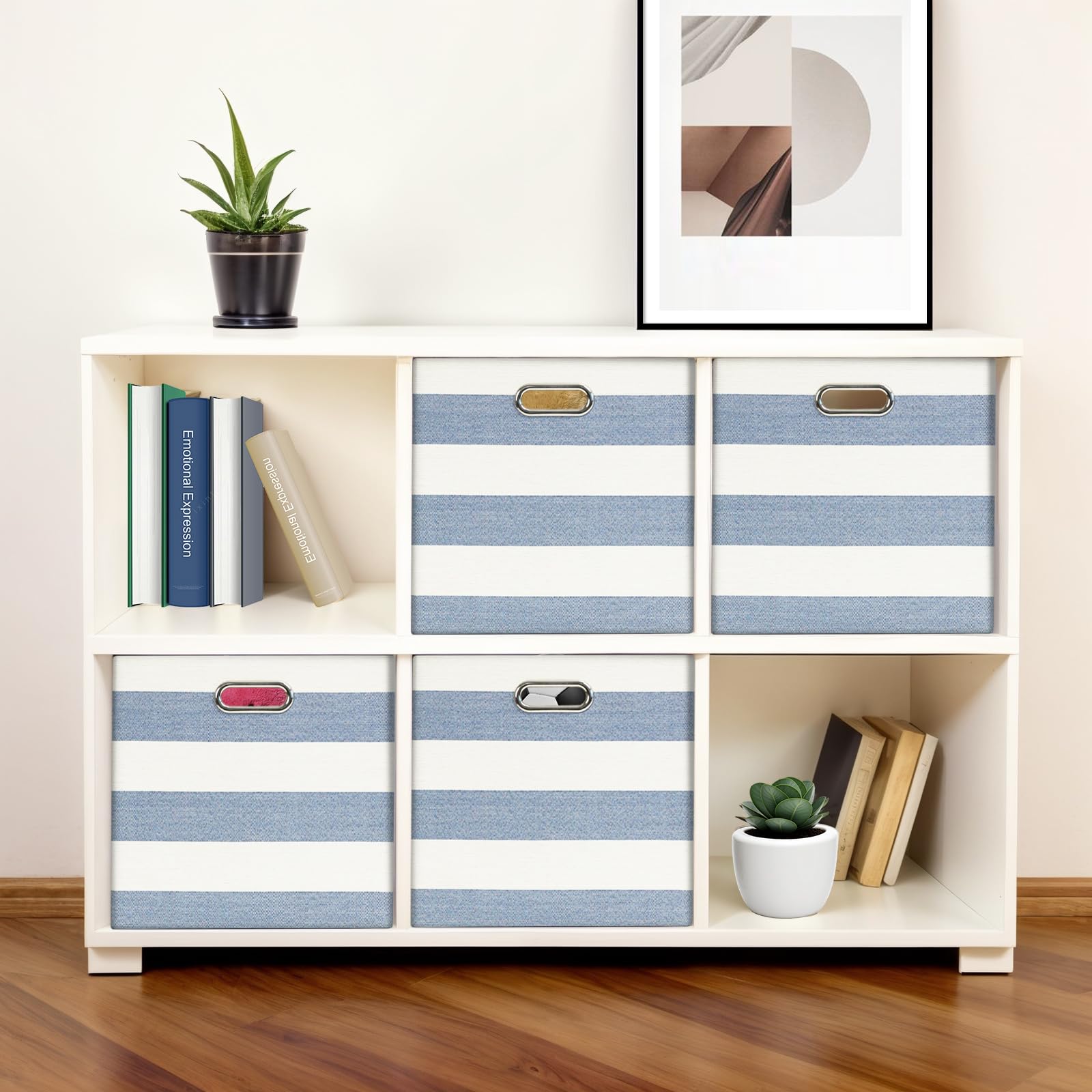 Würfelförmige Aufbewahrungsbehälter, zusammenklappbare Aufbewahrungswürfel, Aufbewahrungsboxen aus Stoff für Home-Office-Kleiderschrankregale, 4er-Pack, 33x33x33 cm, Blau/Weiß | Faltbare Stoffbehälter mit Griffen, gestreifte Boxen für Büro, Kleiderschrank